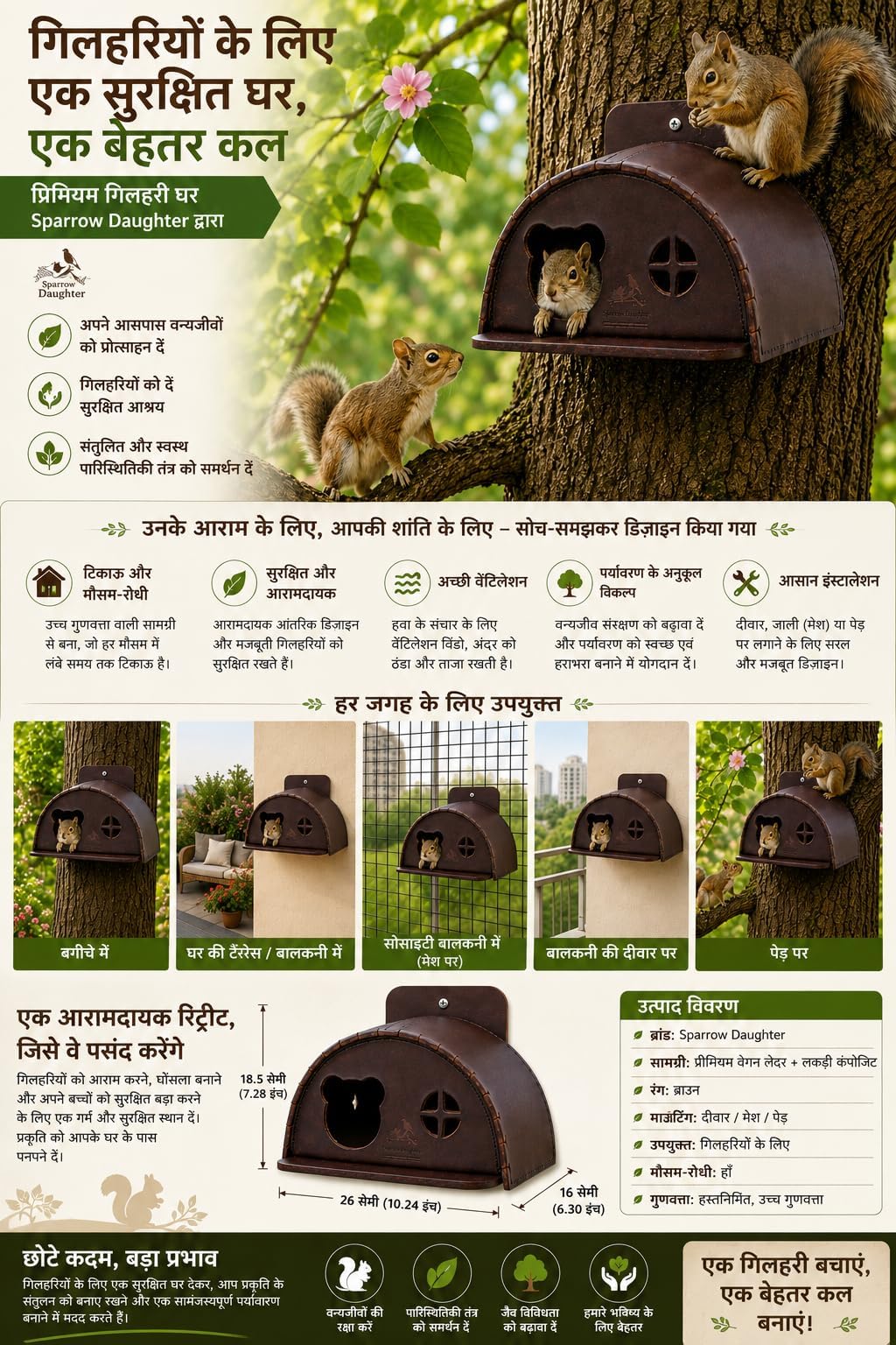 sparrow daughter Leather Squirrel House for Outdoors, Garden, Backyard, Small Animals Habitat for Chinchilla,Mice, Suger Glider,Mice Squirrel with Poles, Squirrel Nest & Box, Chestnut 2