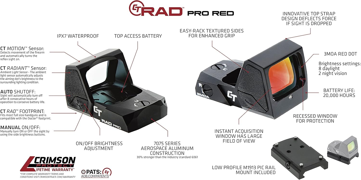 Crimson Trace RAD Open Reflex Pistol Sight with Auto Shutoff and Textured Sides for Full Size Handguns, Defensive Shooting and Competition
