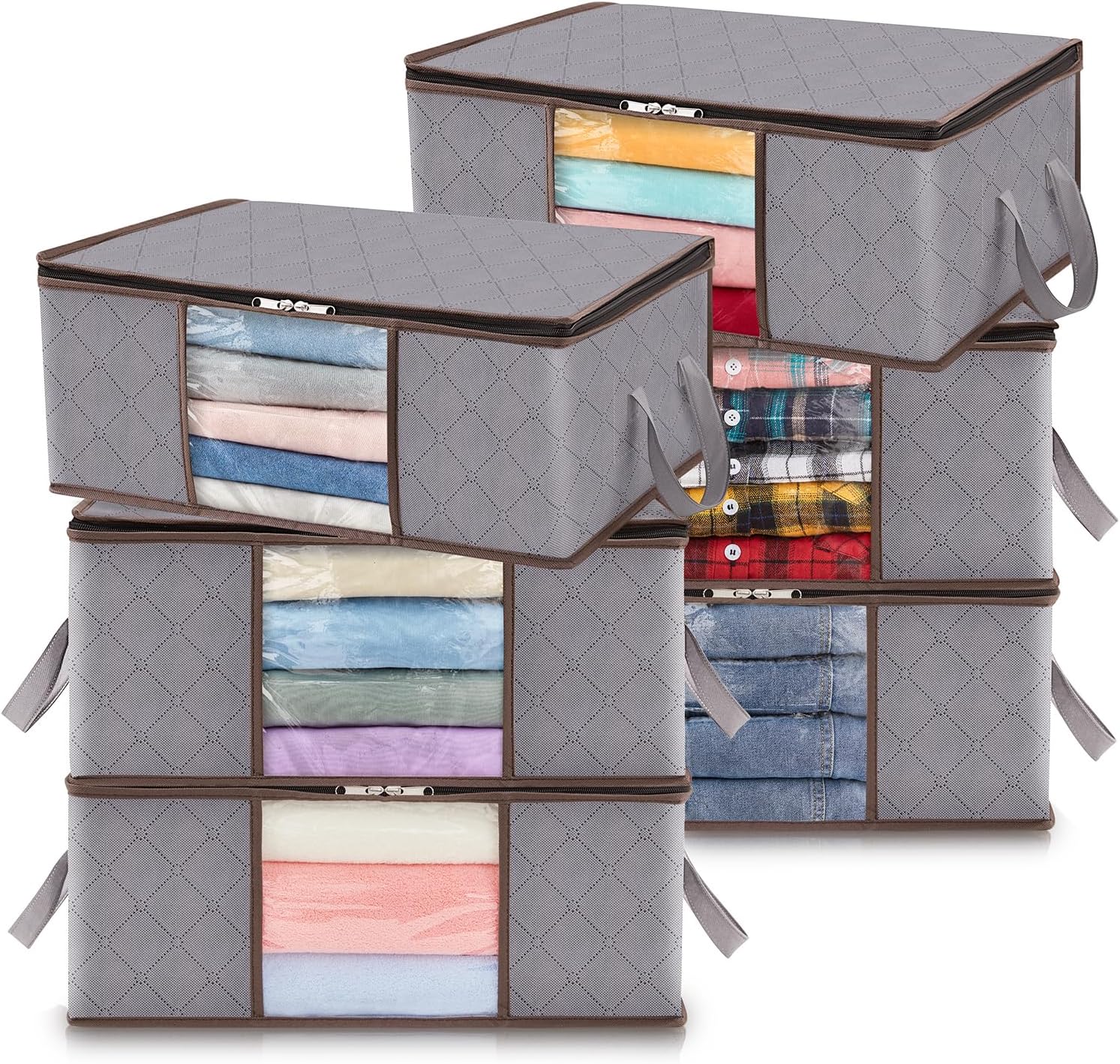 Lifewit 6 Pack Clothes Storage Bag, Foldable Storage Bin Closet Organizer with Reinforced Handle, Sturdy Fabric Blanket Storage with Clear Window, Storage Containers for Clothing, Bedding, Light Gray