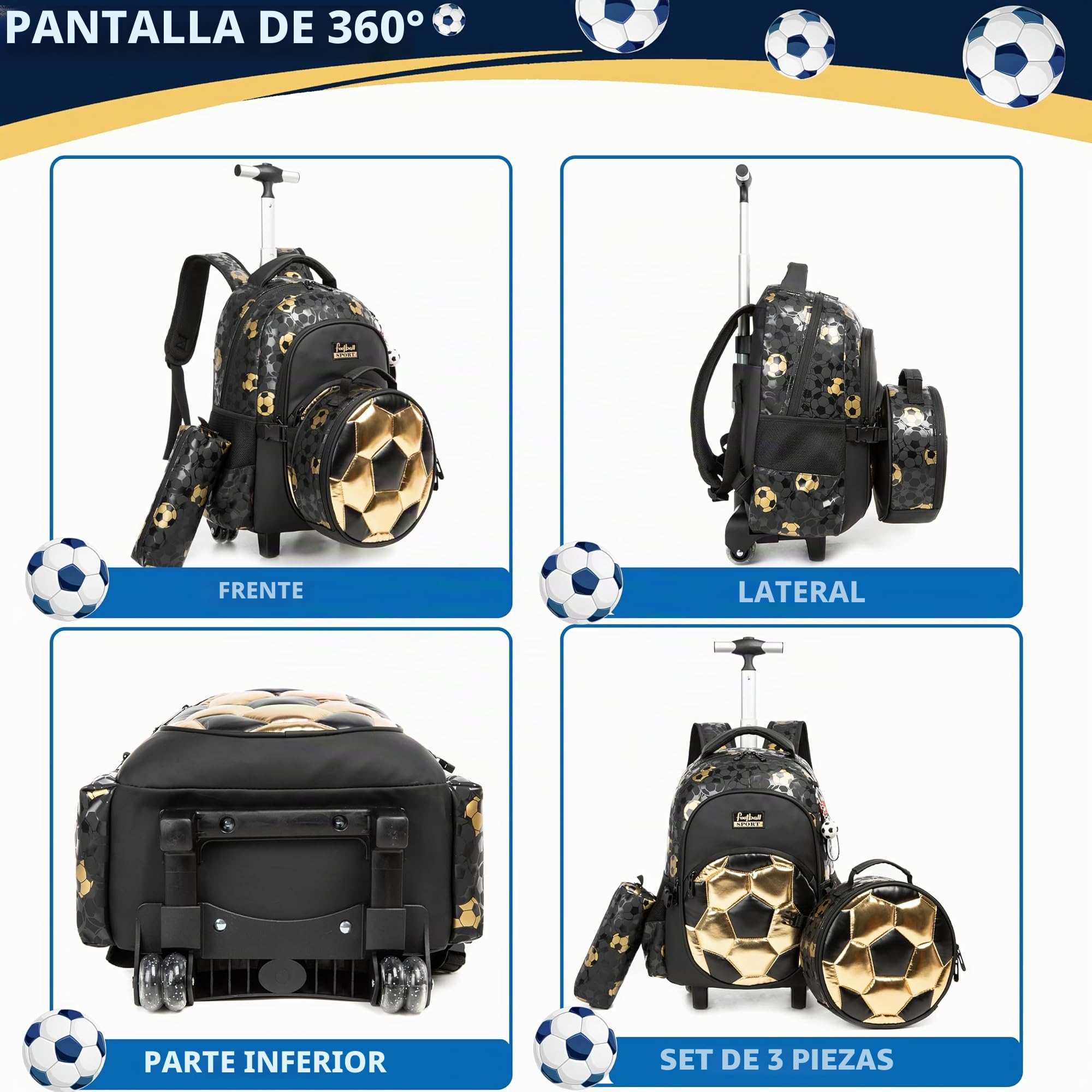 Meetbelify Mochila rodante con ruedas para niños, mochilas con ruedas con lonchera, estuche para lápices para estudiantes de primaria, equipaje de fútbol, maleta de viaje para niños de 6 a 8 años,