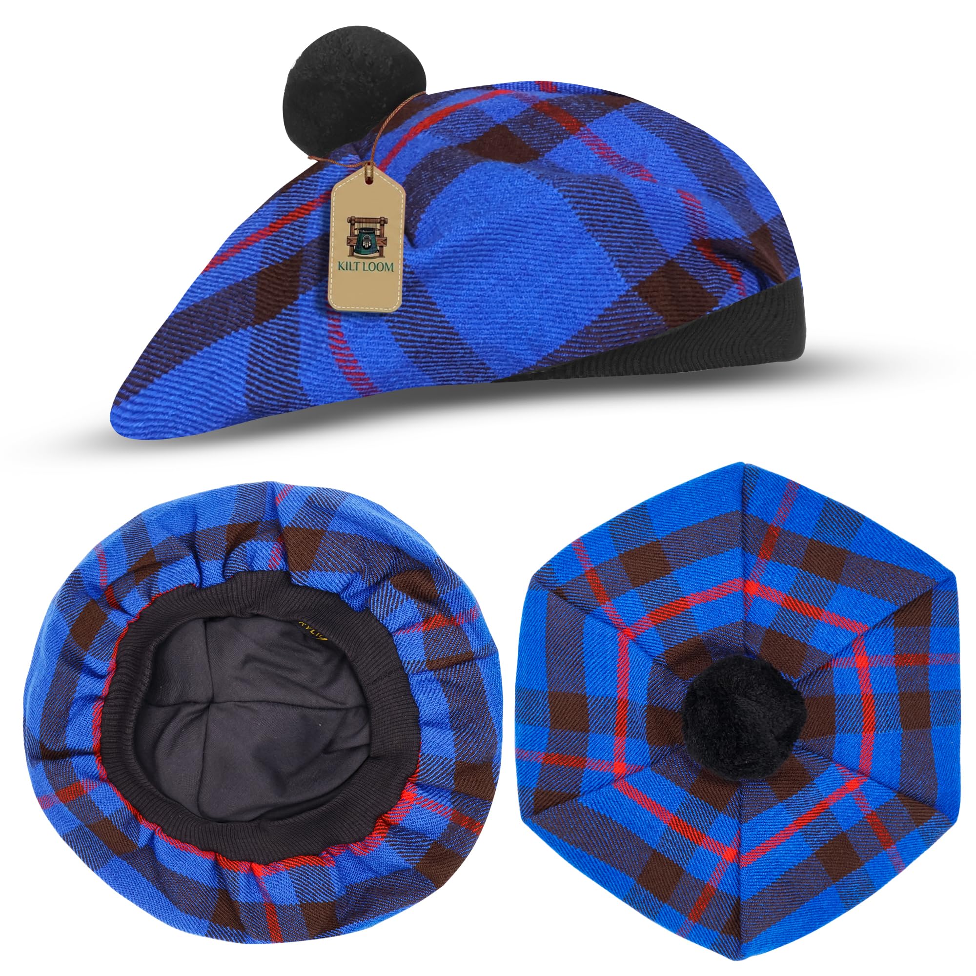 Tam O Shanter Scottish Hat, Tartan Bonnet with Pom Pom, Traditional Highland Beret, Kilt Dress Hat (UK, Alpha, One Size, Elliot)