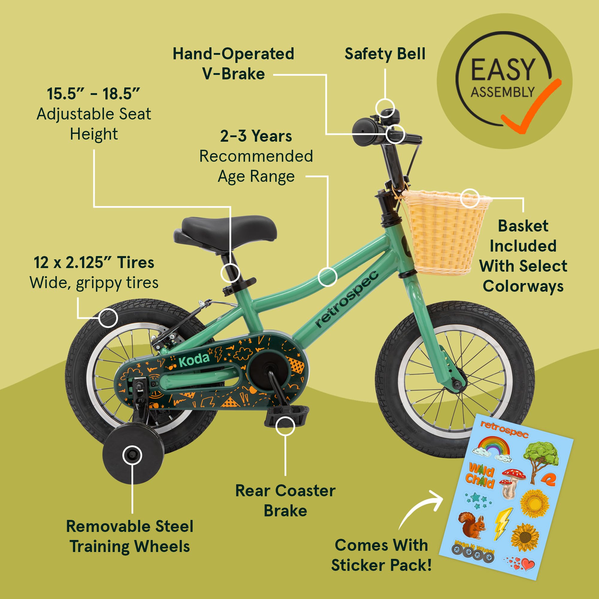 Retrospec Koda 12-Inch Kids First Pedal Bike with Training Wheels & Safety Bell - Lightweight Steel Frame, Adjustable Seat 15.5