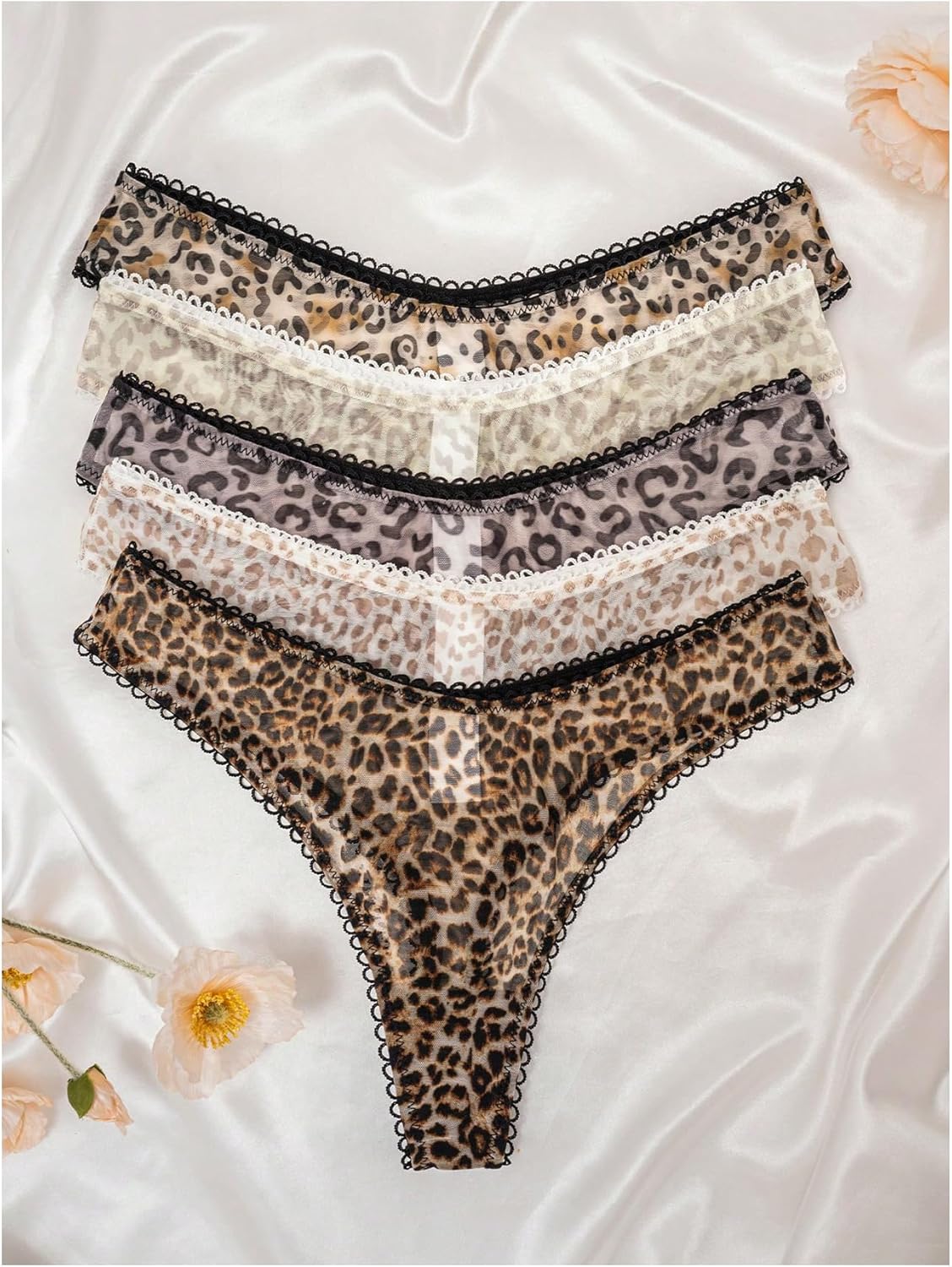GORGLITTER Women's 5 Pack Leopard Print Thong Mesh Low Rise Underwear - Image 5