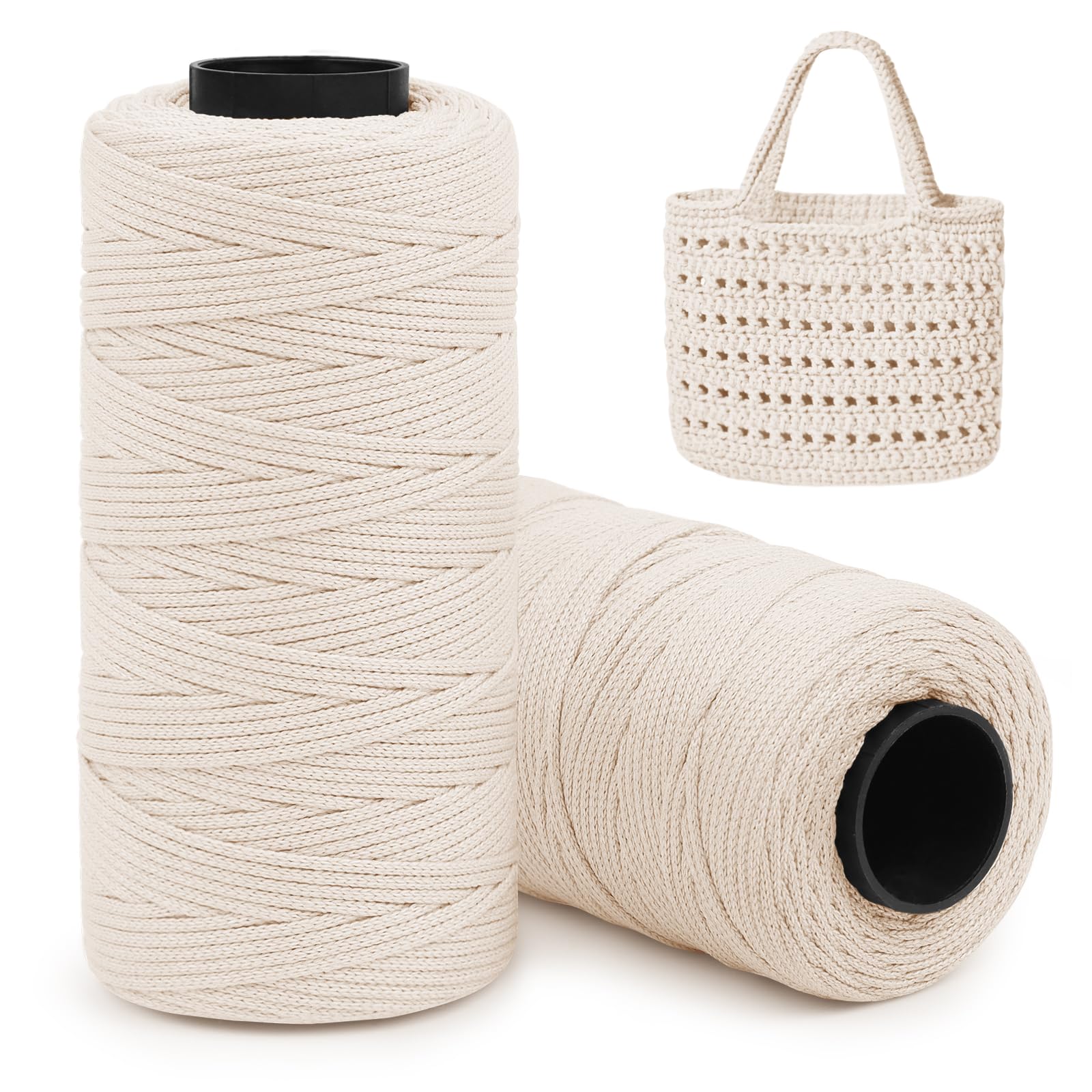 Uiopa 2 Pack Polyester Macrame Cord 2mm x 160m, Polyester Yarn for Crocheting Bags, Flat Crochet Bag Cord Macrame Yarn for Baskets, Hats, Home Decor, DIY Crafts