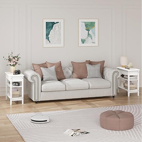 Miniatura 7 de Mesa auxiliar blanca, mesa auxiliar estrecha con estantes de almacenamiento, mesa de sofá abatible para sala de estar, espacio pequeño