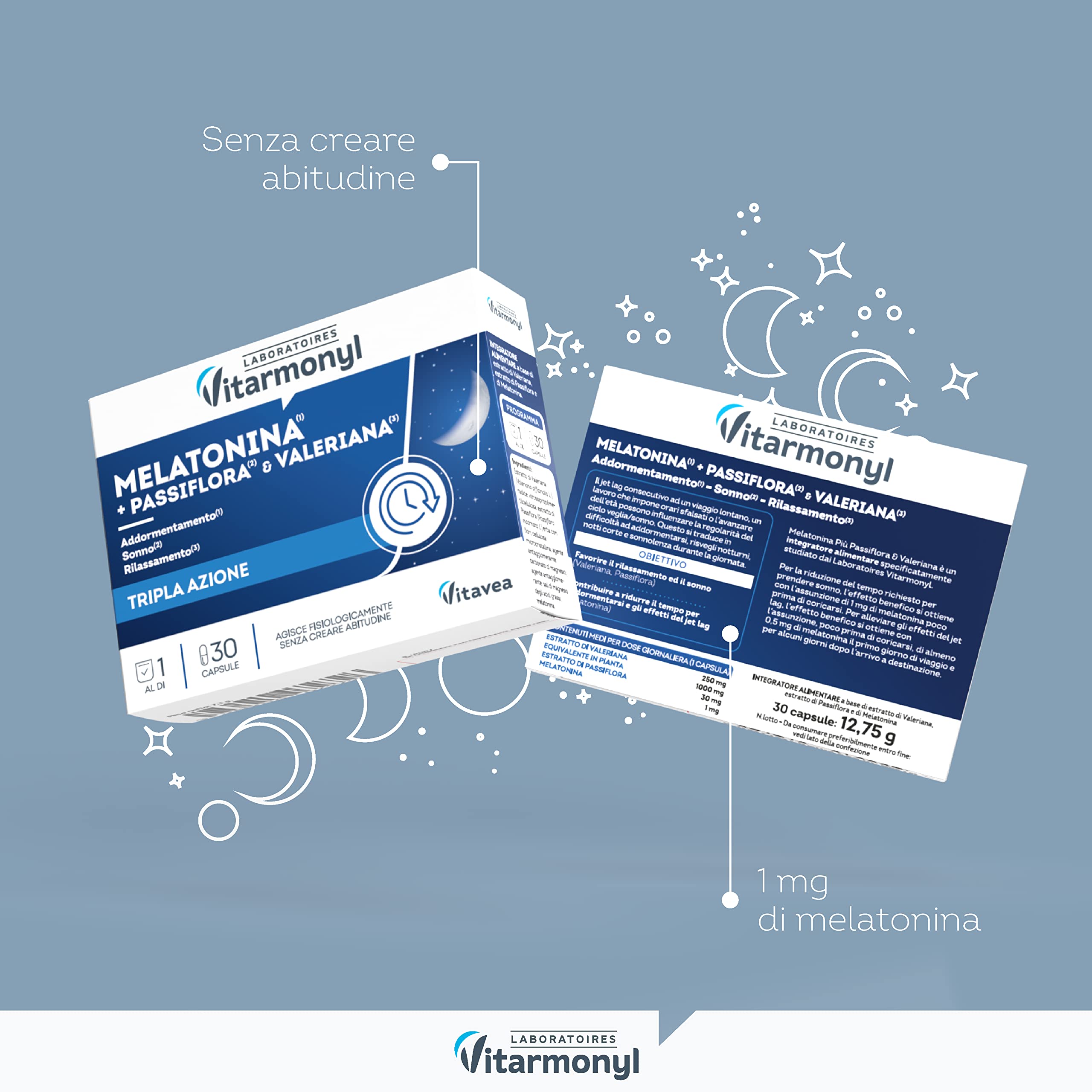 Melatonina Più - Integratore Alimentare per Sonno e Jet Lag - Con Passiflora, Valeriana e Luppolo - Favorisce il Rilassamento - Confezione da 30 capsule - Vitarmonyl