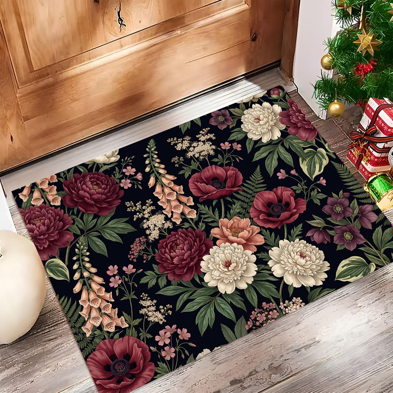 Zerbino Ingresso Interno Floreale Gotico Retrò, Zerbino Di Benvenuto Lavabile Morbida Peonia Misteriosa Papavero, Antiscivolo Tappeto Da Decorazioni Rosso Scuro Per Casa Porta, 60X90Cm