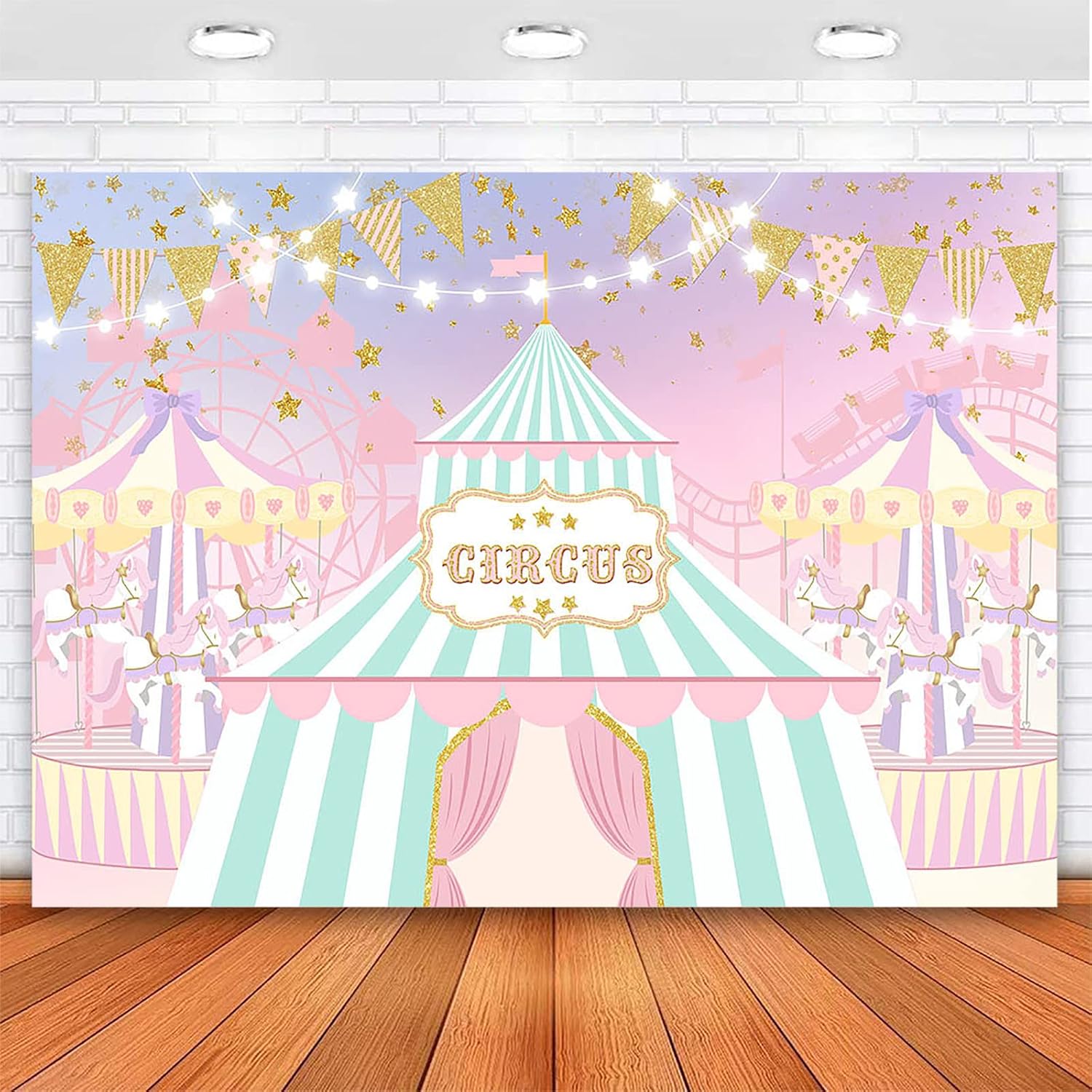 Avezano Circus Theme Backdrop Pink Carnival Night Carousel Birthday Party Photography Background for Kids Girls Birthday Baby Shower Amusement Park Background Cake Table Banner (10x7ft)