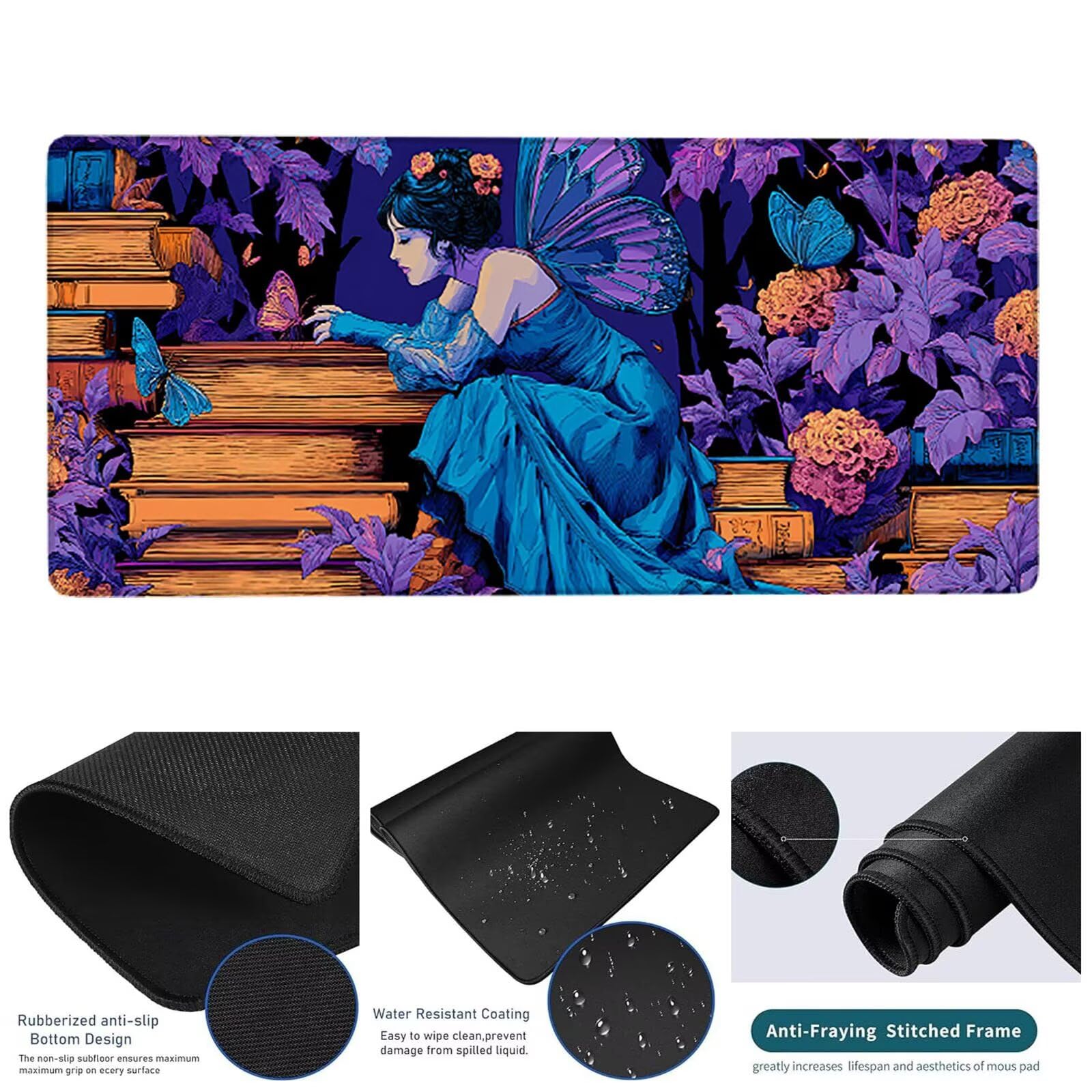 Fioletowa podkładka pod mysz dla graczy, duża podkładka pod mysz XXL 1500 x 800 x 3 mm, podkładka pod mysz motyl akcesoria do gier, antypoślizgowa gumowa podkładka pod mysz, poprawia precyzję i