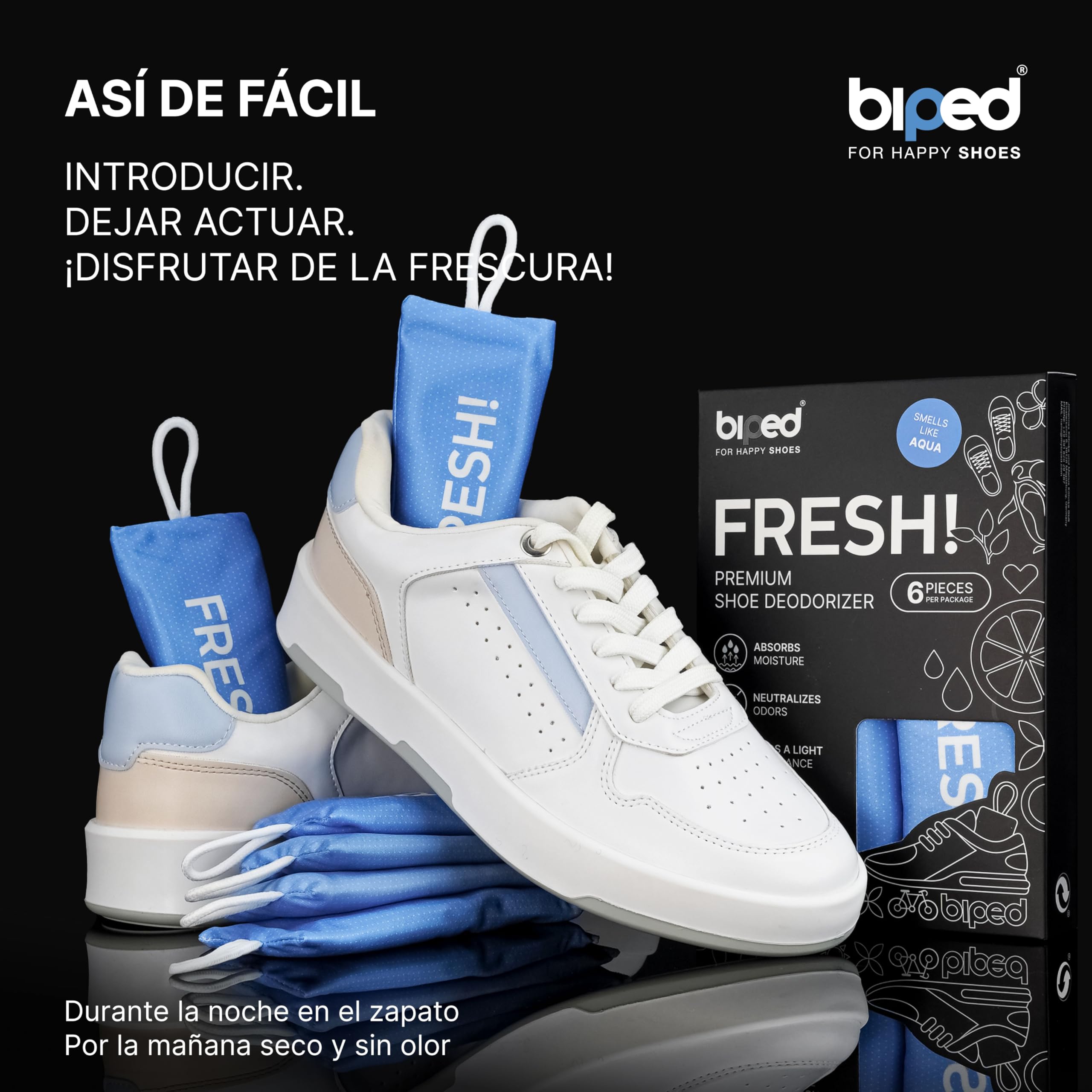biped FRESH! desodorante premium para calzado – cojín aromático con carbón de bambú activo – elimina olores y sudor de zapatillas, zapatos deportivos y mochilas z2925(AQUA, 6 pieces)
