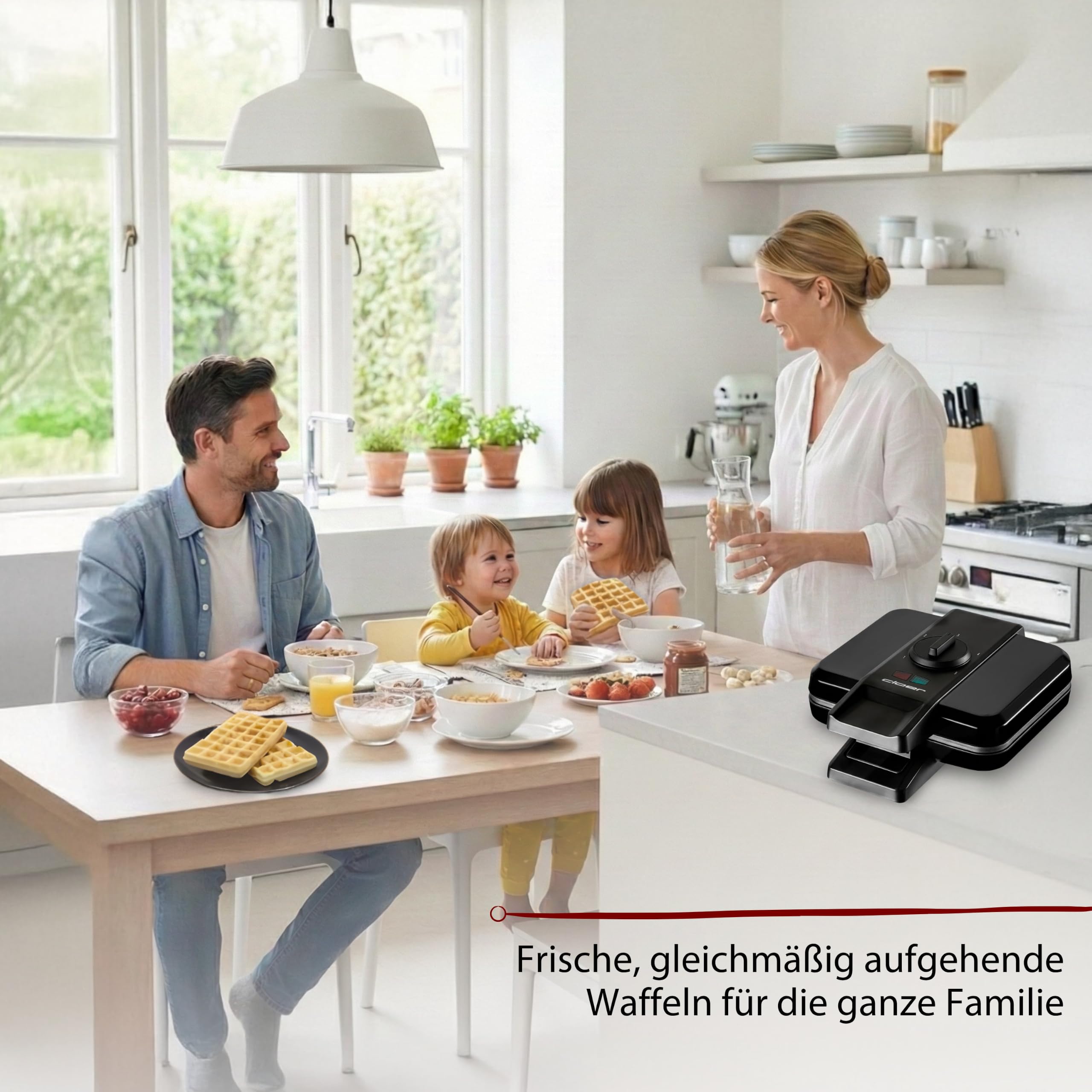 Cloer 1420 Brüsseler Waffeleisen für 2 Belgische Waffeln 9 x 15,5 cm, Duo-Waffeleisen mit Antihaftbeschichtung PFAS-frei, stufenlosem Bräunungsgrad und Backampel, schwarzes Kunststoffgehäuse, 1000 W