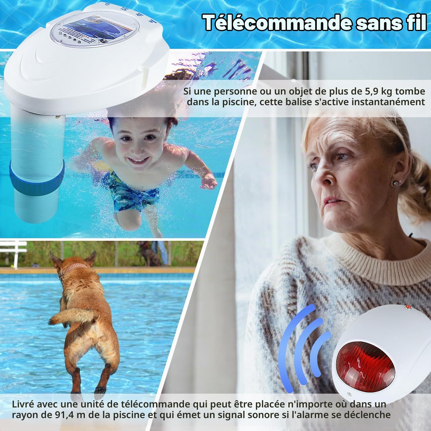 Alarme de piscine creusée sans fil, détecteur de mouvement d'eau, système de détection d'alarmes d'immersion de piscine, alimenté par piles avec récepteur à distance, alarme pour la sécurité de la