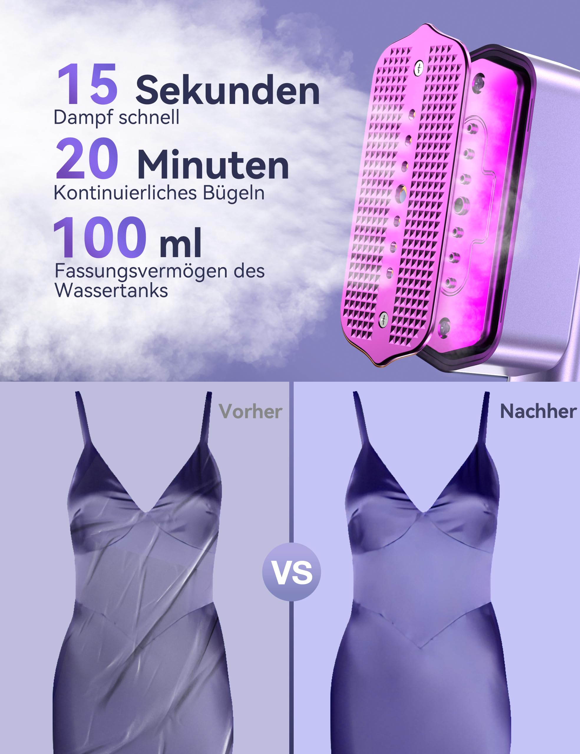 Sundu Défroisseur à vapeur 2 en 1 pour vêtements, fer à repasser de voyage, chauffage rapide en 15 secondes, fer à repasser mobile, fer à repasser de voyage, avec écran LED, 4 modes de repassage