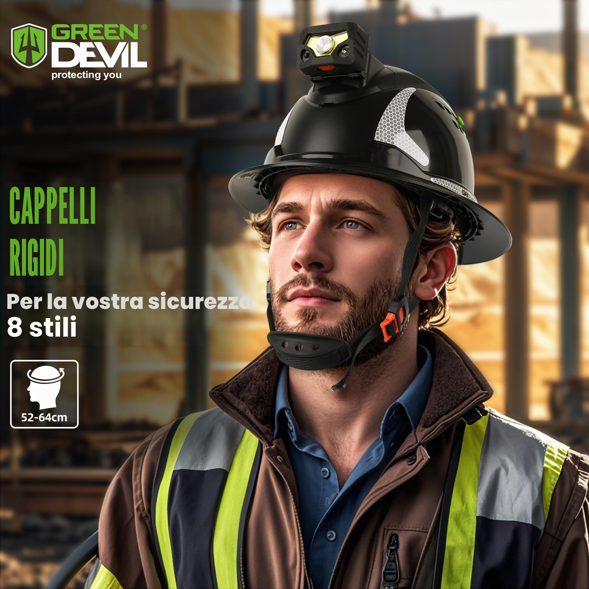 GREEN DEVIL Casco di sicurezza Matrix Full Brim EN 397 – Casco di sicurezza con ventilazione, lampada LED (IPX5), sistema a 6 punti e fodera interna regolabile – Ideale per edilizia, industriale,