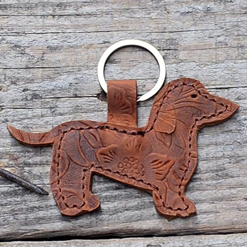 Miniatura 2 de JJNUSA Llavero hecho a mano de cuero rústico animal llavero llavero titular perro, Marrón