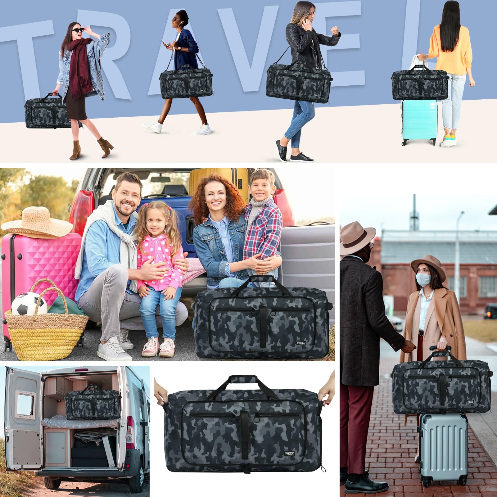 Fmeida Borsone da Viaggio Unisex Adulto, Grande Borsone Palestra con Scomparto per Scarpe e Tracolla, Impermeabile Duffel Bag Borsa Sportivo, Nero Camouflage