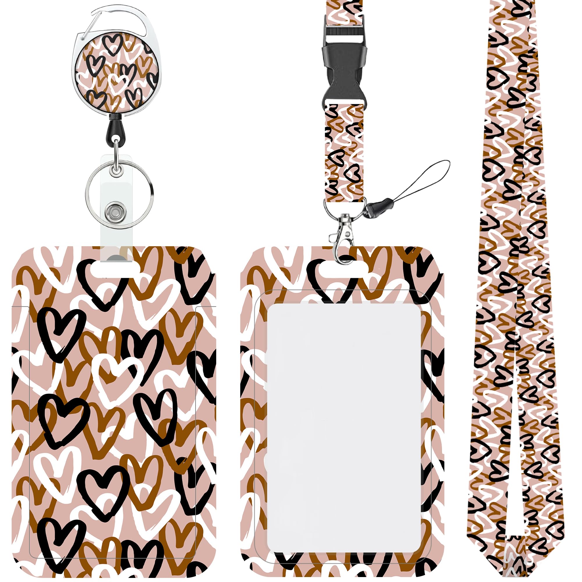 Cotsena ID Badge Holder with Lanyard Abstract Romantic Hearts Retractable Badge Reel Holder Heavy Duty Keychain Badge Lanyard for Nurse Students