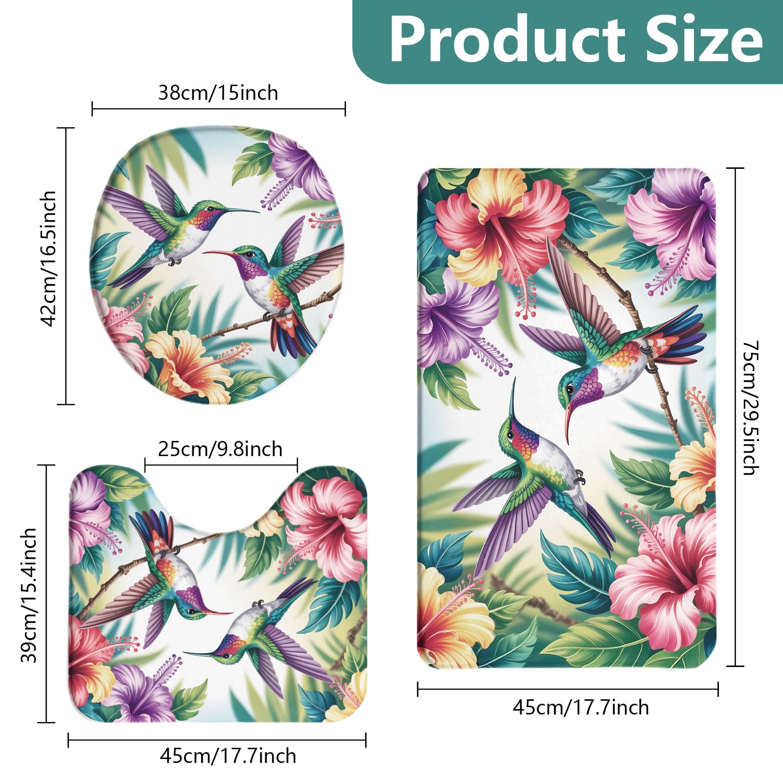 peacoblue Ensemble de Tapis de Bain 3 Pièces Style Colibri avec Fleurs, Tapis de Salle de Bain Antidérapant et Lavable, Tapis de Sol avec Housse de Couvercle de WC pour Toilettes
