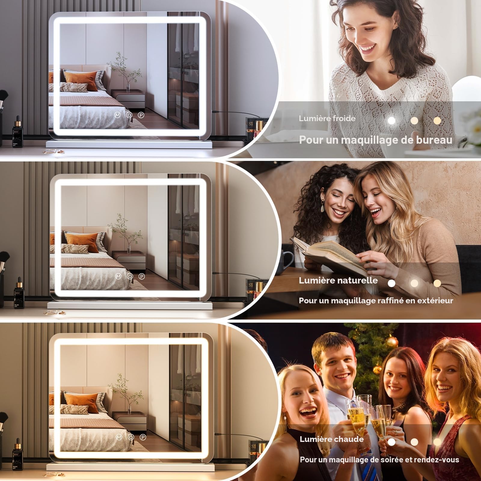 ZL ZELing Miroir Coiffeuse 58 x 48cm, Miroir LED Hollywood Contrôle Tactile, 3 Modes de Couleur, Luminosité Réglable, Port USB, Miroir de Table et de Mur - Blanc
