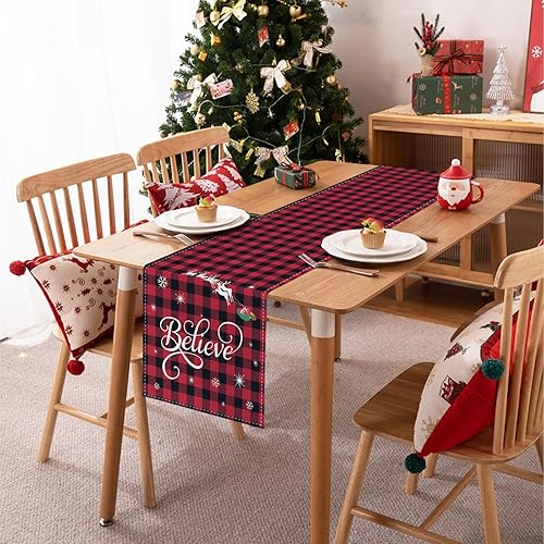 Miniatura 4 de Bonhause Camino de mesa de Navidad a cuadros rojos y negros de 13 x 90 pulgadas, trineo navideño de Navidad, Navidad, vacaciones, cocina, comedor,