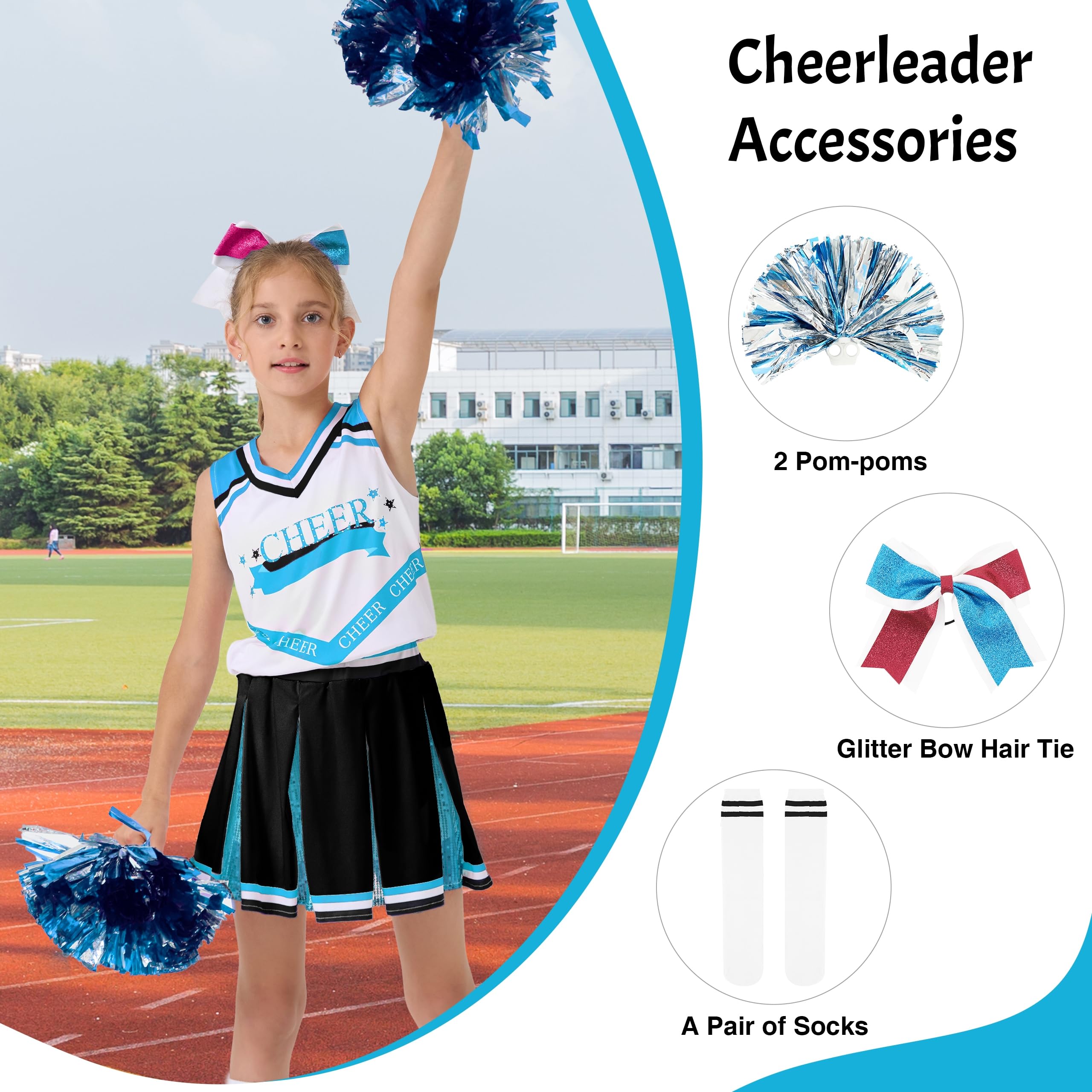 LOLANTA Costume da cheerleader per ragazze, uniforme da cheerleader per bambini con glitter per Halloween | 5 abiti da cheerleader glitterati con calzini e pompon, per Halloween, cosplay, feste in maschera, Natale, 4-15 anni