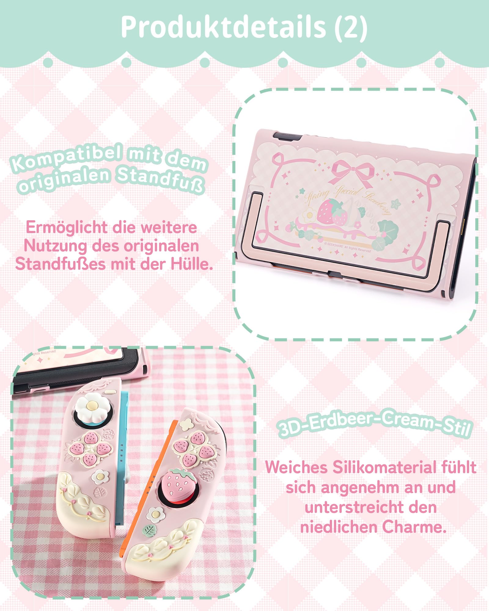GeekShare Soft Silikon Schutzhülle für Switch 2(2025), Trennbare Schutzhülle, Kratzfeste Switch 2 Hülle, mit 2 Daumen Griffkappen (Sahne-Erdbeere (Rosa))
