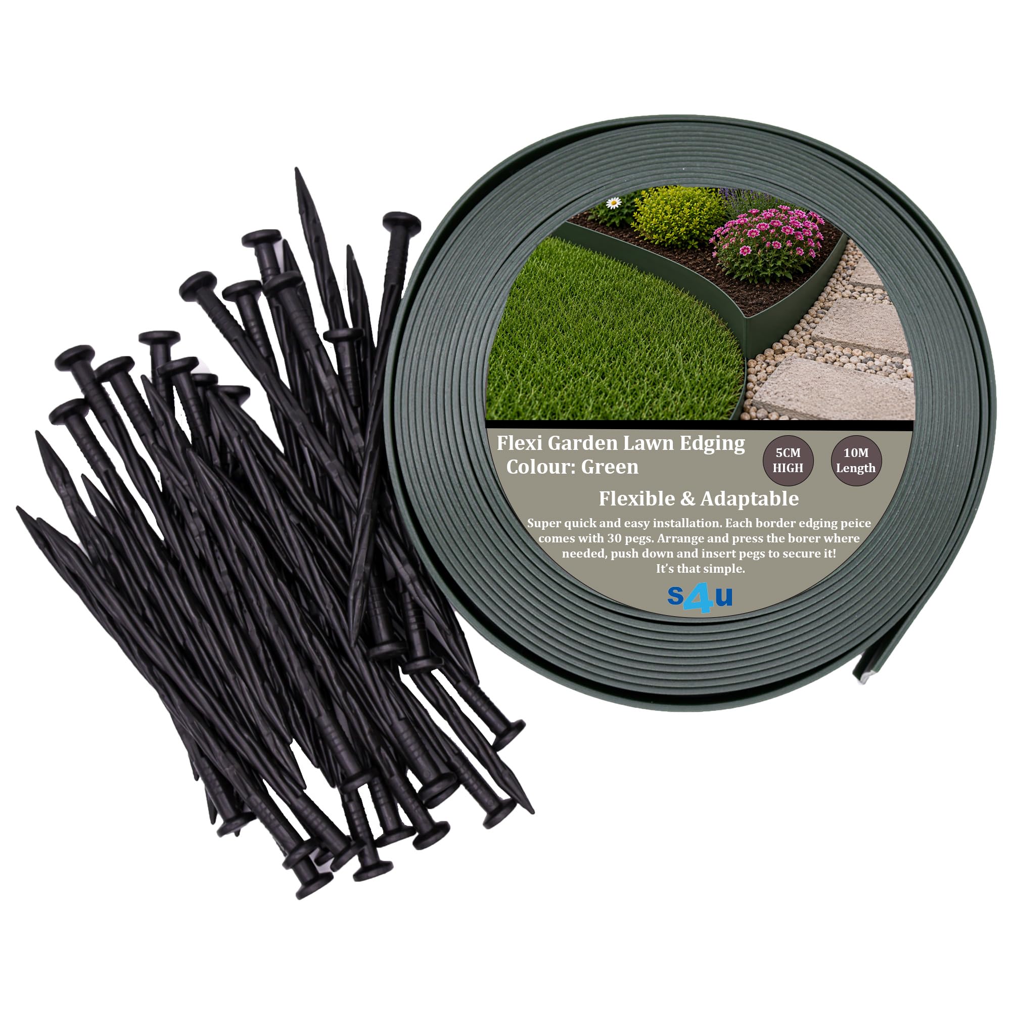Flexible Lawn Edging Garden Border with Heavy-Duty Ground Stakes Flexible Flower Bed Lawn Edging Border, Plastic Pegs, Landscape Divider Weather Resistant (5x5cm 10M - Green)