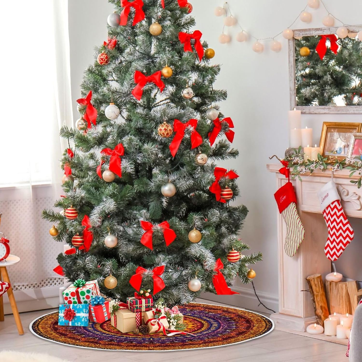 Sun Mandala Colorful Christmas Tree Floor Mat Home Party Decorations Plush Polyester 47 inch/35 inch