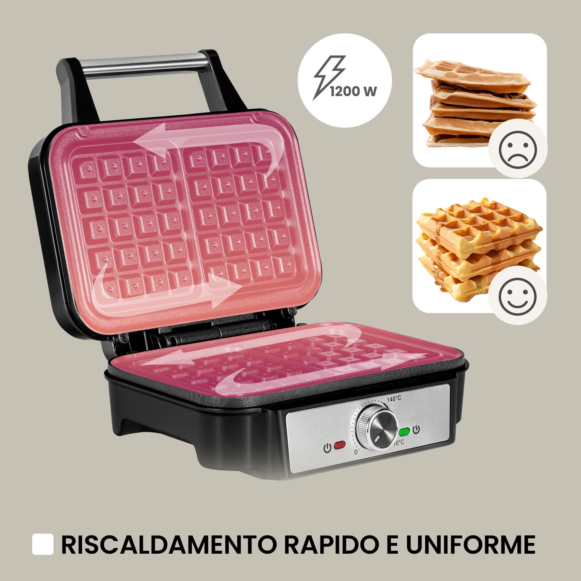 ZEEGMA GOFREE CHEF Macchina per Waffel Potenza Elevata 1200 W Per Waffel belgi, Doppio Rivestimento Antiaderente, Regolazione Temperatura, Spia Pronto all'Uso, Waffel Spessi Piastre profonde