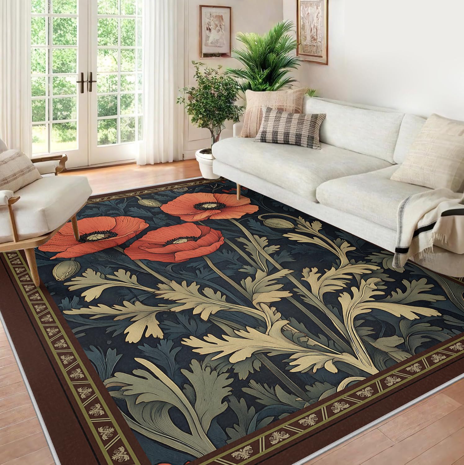 Zmywalny dywan 120 x 150 dywaniki do sypialni antypoślizgowe rośliny retro kuchnia ultra miękki nadruk czerwone kwiaty odporne na plamy niskie włosie wejście salon pralnia w