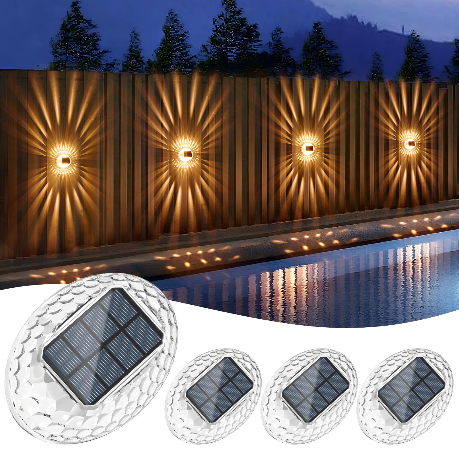 Quntis Aplique Solar de Pared Exterior 4 Piezas, Luz Solar Exterior Jardin Pared Blanco Cálido con Iluminación de 360°,IP44 Impermeable Lampara Solar Exterior para Porche, Garaje, Caminos, Patio