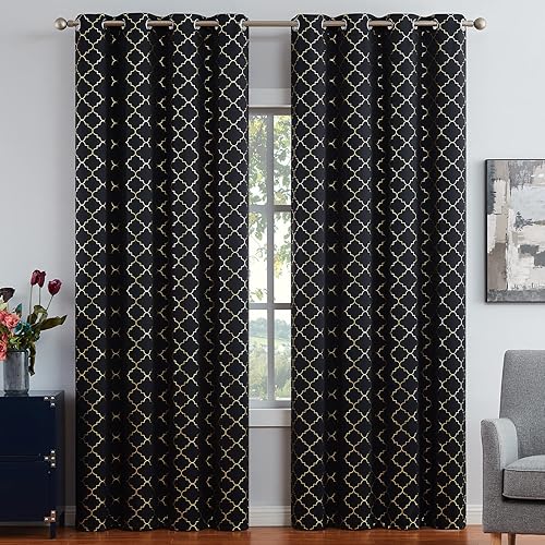 Miniatura 8 de Enactex Cortinas 100% opacas completas de 63 pulgadas de largo, con aislamiento térmico, gris con patrón geométrico plateado metálico, cortinas de