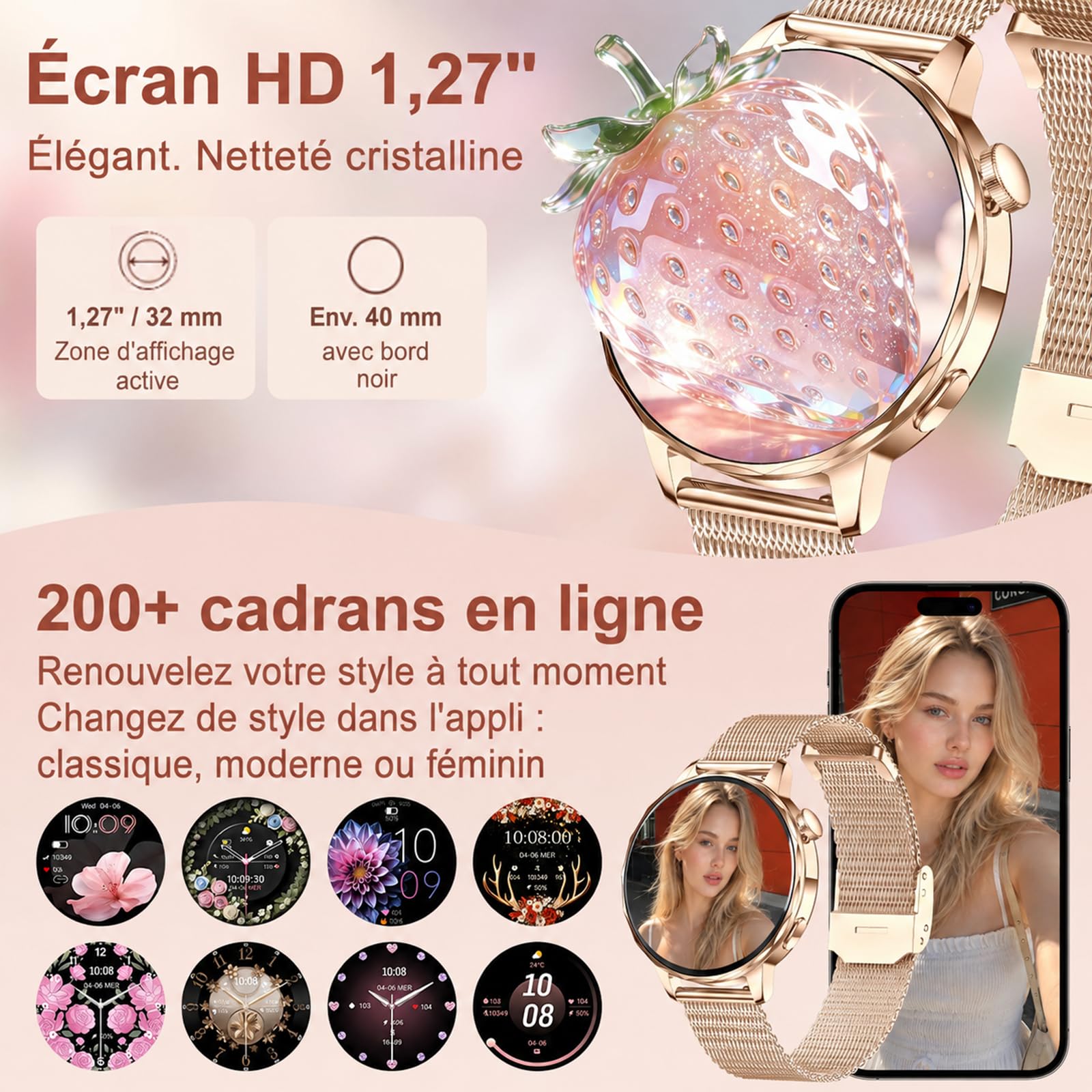 Efolen Montre Connectée Femme avec Appel Bluetooth, 1.27" HD Rond