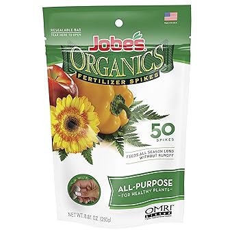 Jobe's Organics All Purpose Fertilizer Spikes, 4-4-4 Organic Time Release Fertilizer for All Plants, 50 Spikes per Package