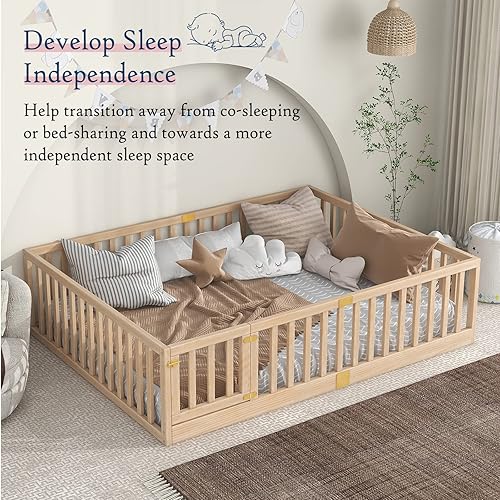 Miniatura 21 de Tatub Cama Montessori de suelo individual con rieles altos, marco de cama Montessori de madera maciza para niños, la entrada se puede instalar a