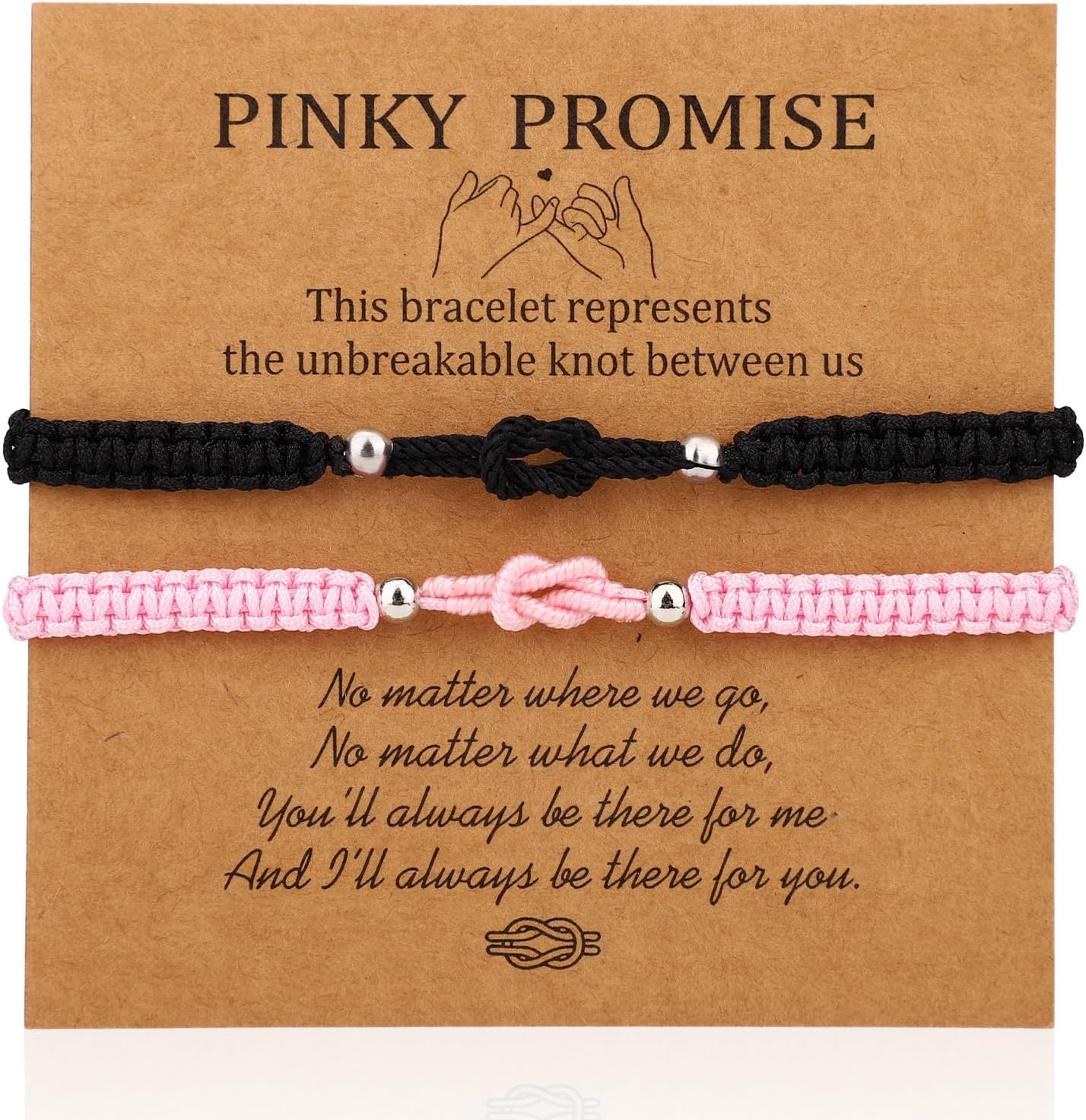 2pcs Love Knot Bracelets, Adjustable Couples Knot Bracelets with Card for Anniversary Valentine & Birthday (Black and Pink)
