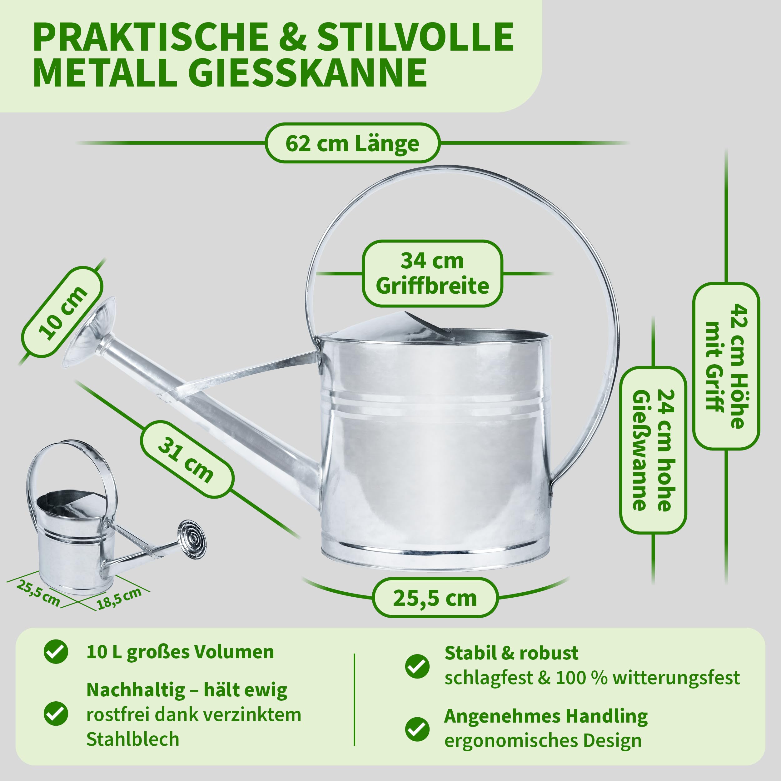 Arrosoir Métal Galvanisé TTL Garden 10L - Zinc Inoxydable - Douchette Dévissable - Forme Ovale