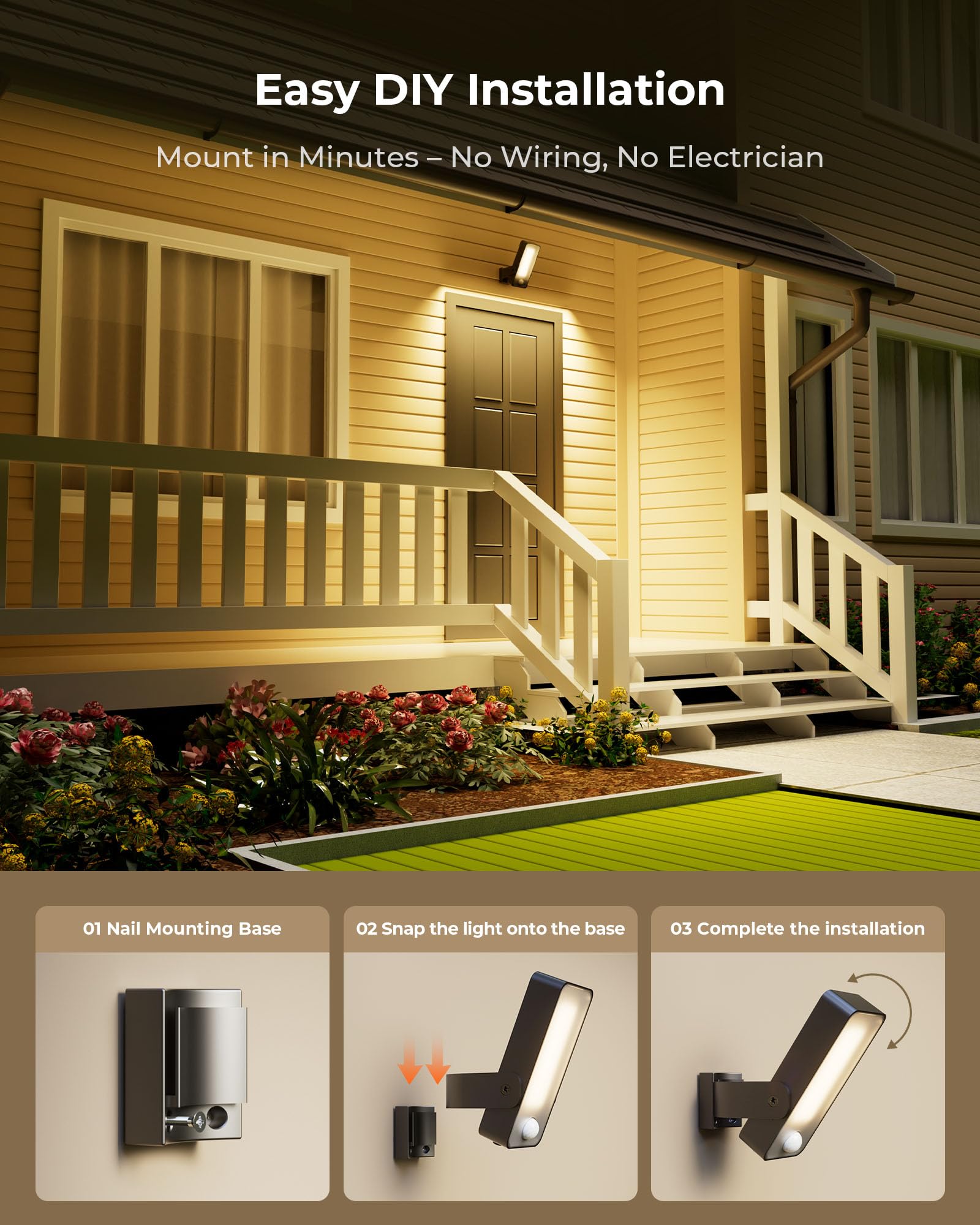 2 Pack Motion Sensor Outdoor Lights 10000mAh Rechargeable 600 Lumen Battery Operated Outdoor Wall Lights with 3 Modes — view 9