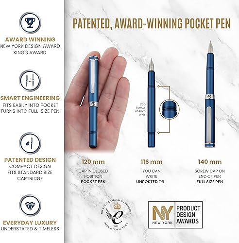 Miniatura 4 de Scriveiner Pluma estilográfica EDC de lujo (fina), impresionante bolígrafo de bolsillo azul mate, acabado cromado, punta alemana Schmidt,