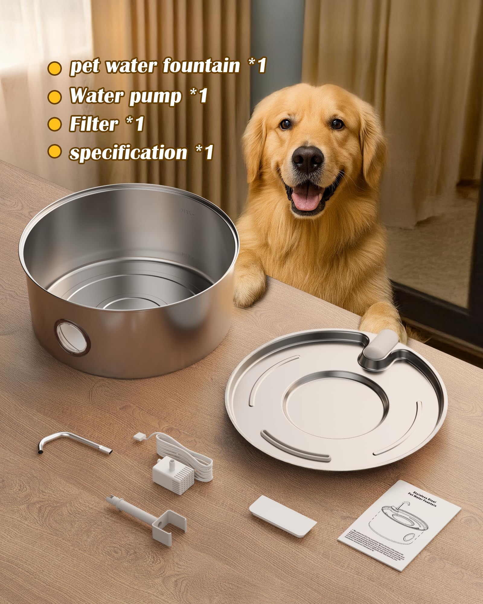 puppyspout Fuente de agua para perros grandes, dispensador automático de cuencos de agua para perros de acero inoxidable de 8 L, con bomba ultrasilenciosa/filtración cuádruple para perros, gatos