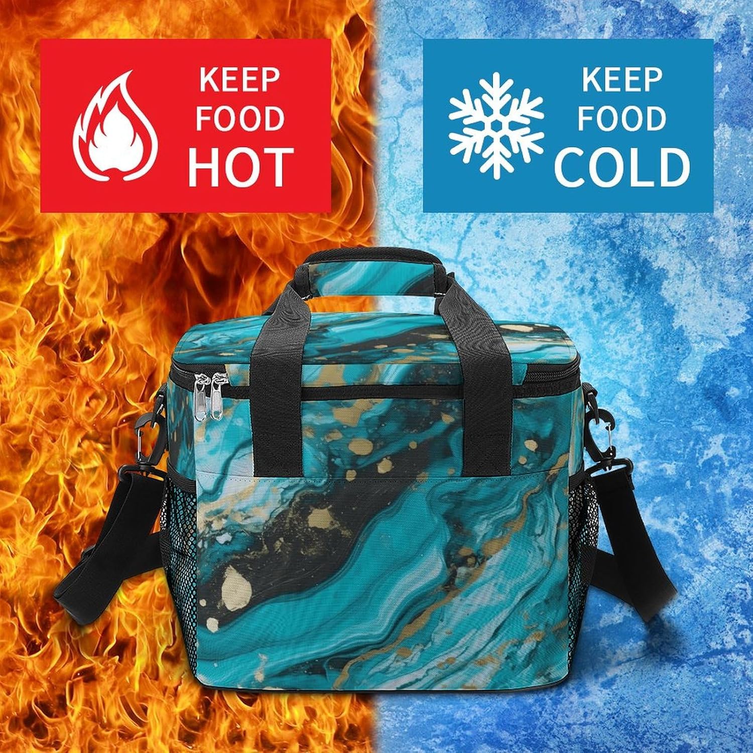 Large-Capacity Oxford Cloth Turquoise Blue Gold Marble Printed Camping Ice Bag, Outdoor Portable Insulation and Cold Storage Bag, Enjoy A Cool Camping Time