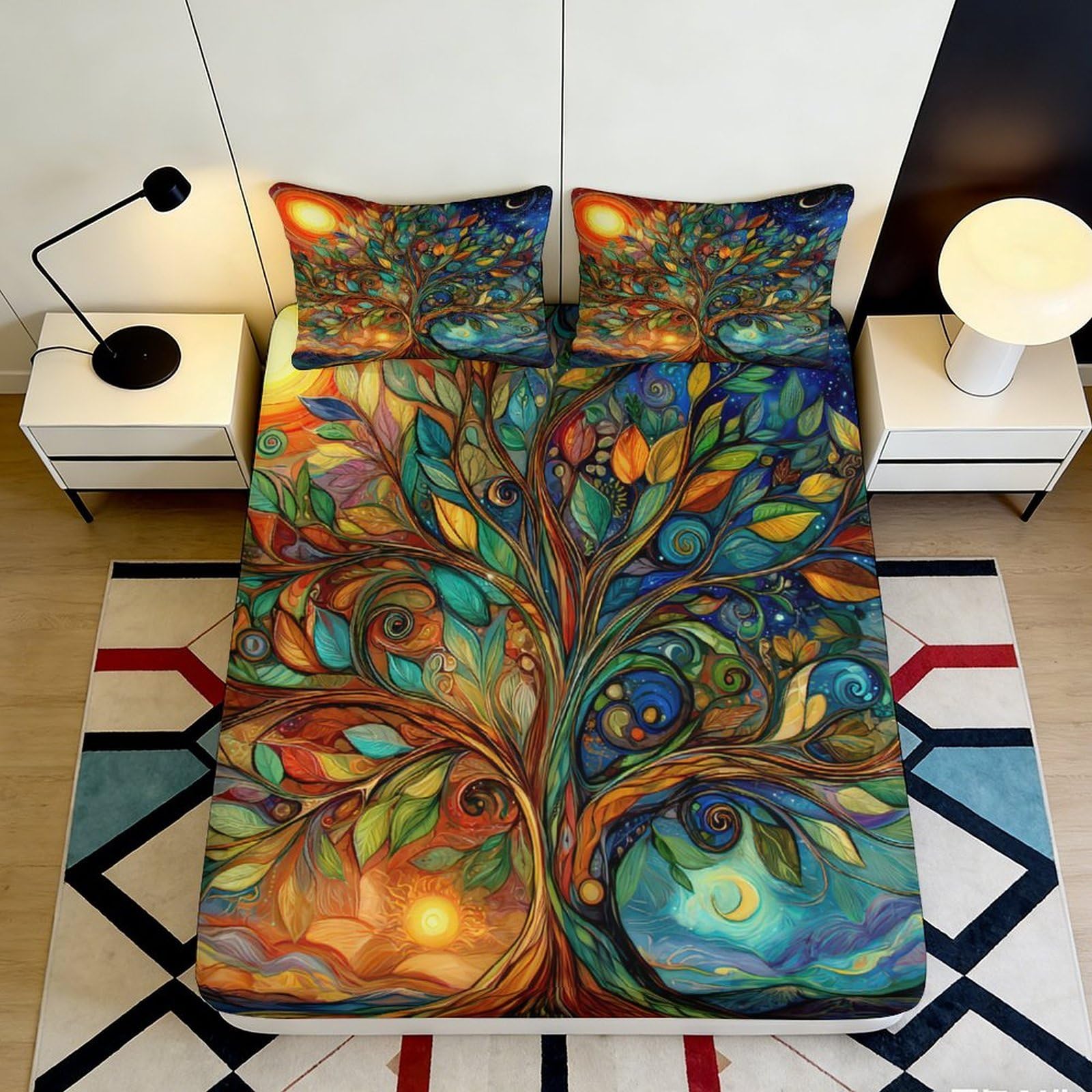 3D Printed Colorful Tree of Life Fitted Sheet Microfiber Soft Artistic Roots Bed Cover for Bedroom Guest Room Decor 90x200x25cm