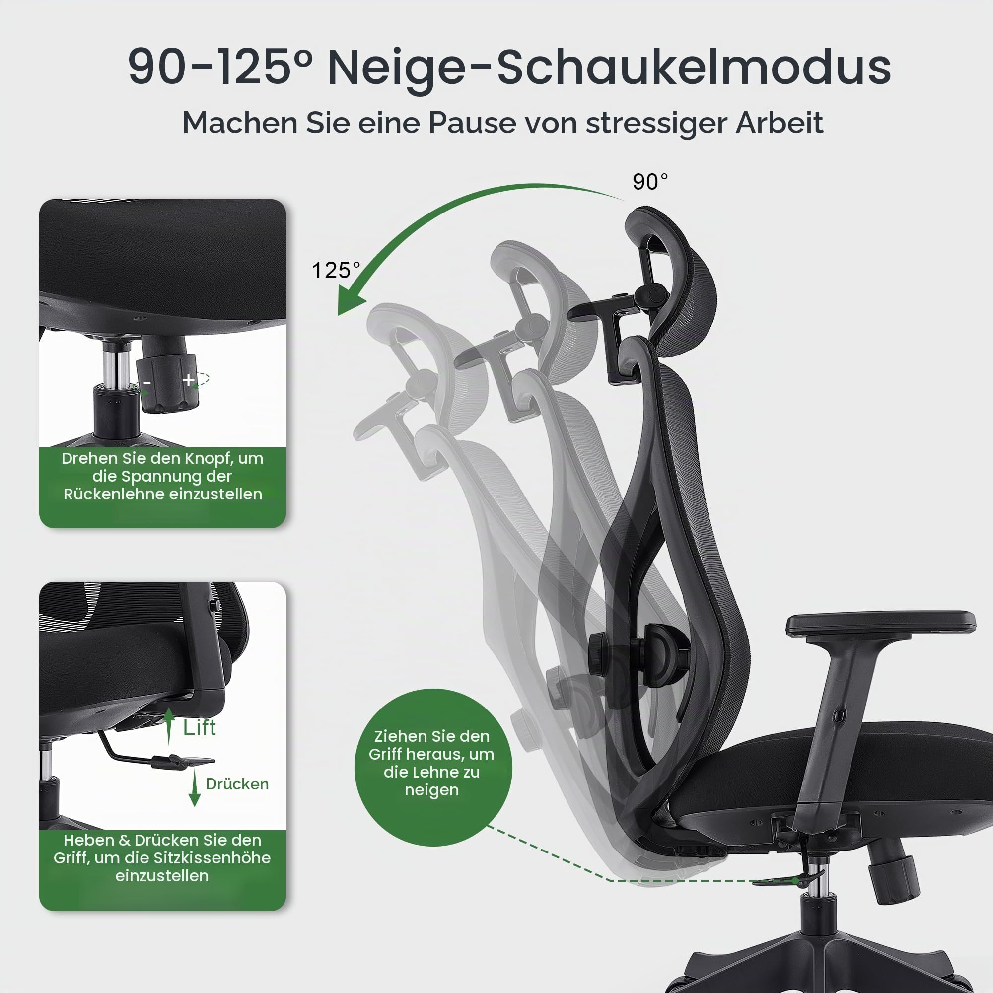 CALIYO G-1635H Bürostuhl Ergonomisch, Schreibtischstuhl mit Verstellbarer Kopfstütze, Armlehnen, Lendenstütze und Wippfunktion – Atmungsaktiver Mesh-Drehstuhl, Gamingstuhl, Bürostuhl 150 kg, Schwarz