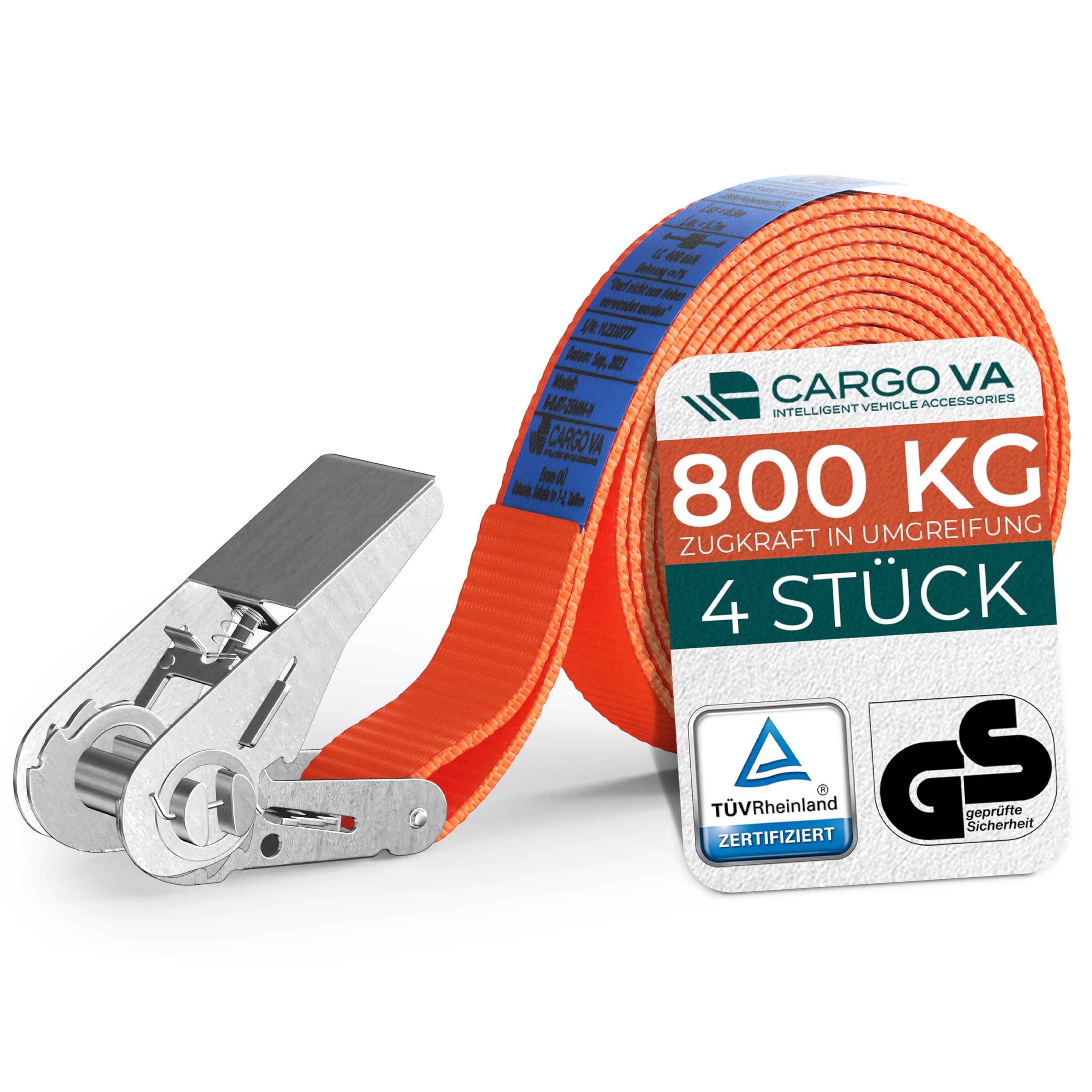 CargoVA® Robuste 800kg Spanngurte [4er Set] - TÜV/GS Zertifiziert & DIN - Vielseitig Einsetzbar - 25mm Breite - Ideal für Professionelle Anwendungen [10M]