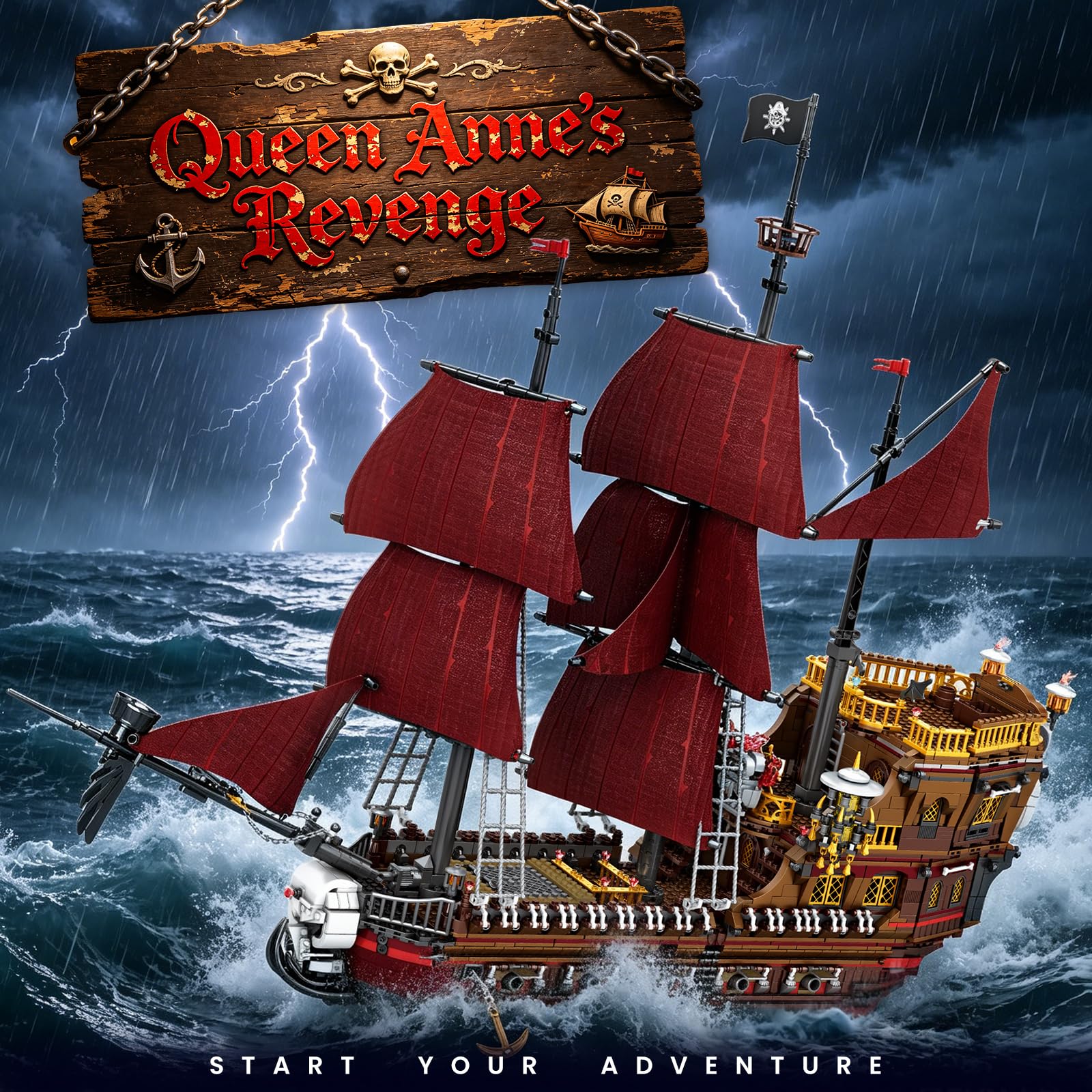 JMBricklayer Piraten Schiffe Klemmbausteine, Queen Anne's Revenge Piratenschiff Bauspielzeug Modell für Erwachsene, Büro Hause Sammler Dekorationsstück Bausteine, Geschenk Für Jugendliche 14+