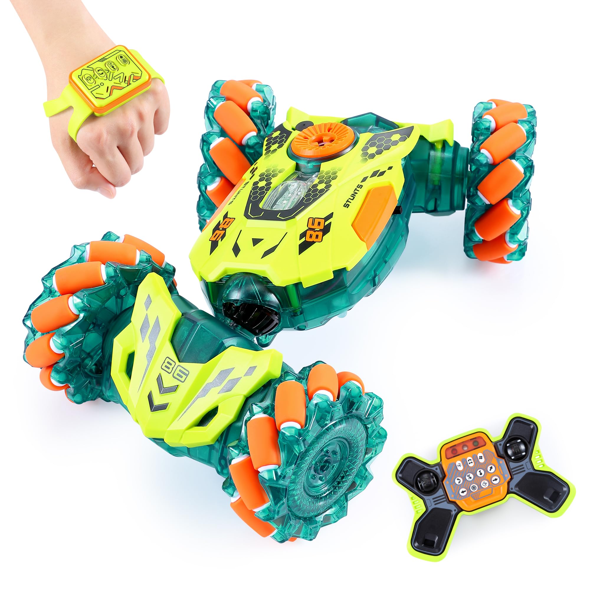 A ALPHA RC Voiture Télécommandée, 4WD 360°Rotation RC Véhicule Stunt Car avec LED, 2.4GHz Voiture télécommandée Tout Terrain pour Garçon Fille 3 4 5 6 7 8 9 10+ Ans, Vert