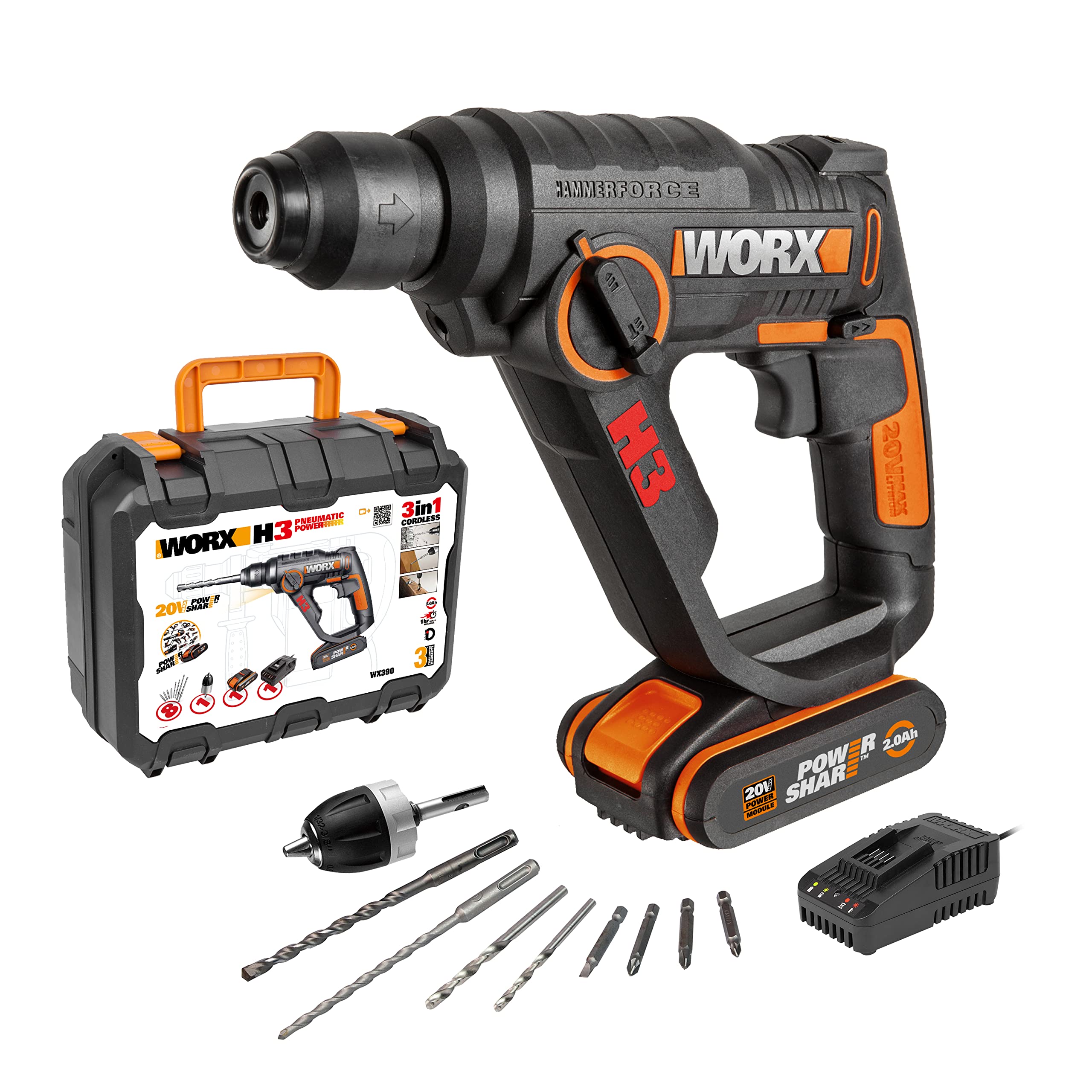 WORX WX390, marteau perforateur 20V, 1,2J, mandrin 13 mm, compact et léger
