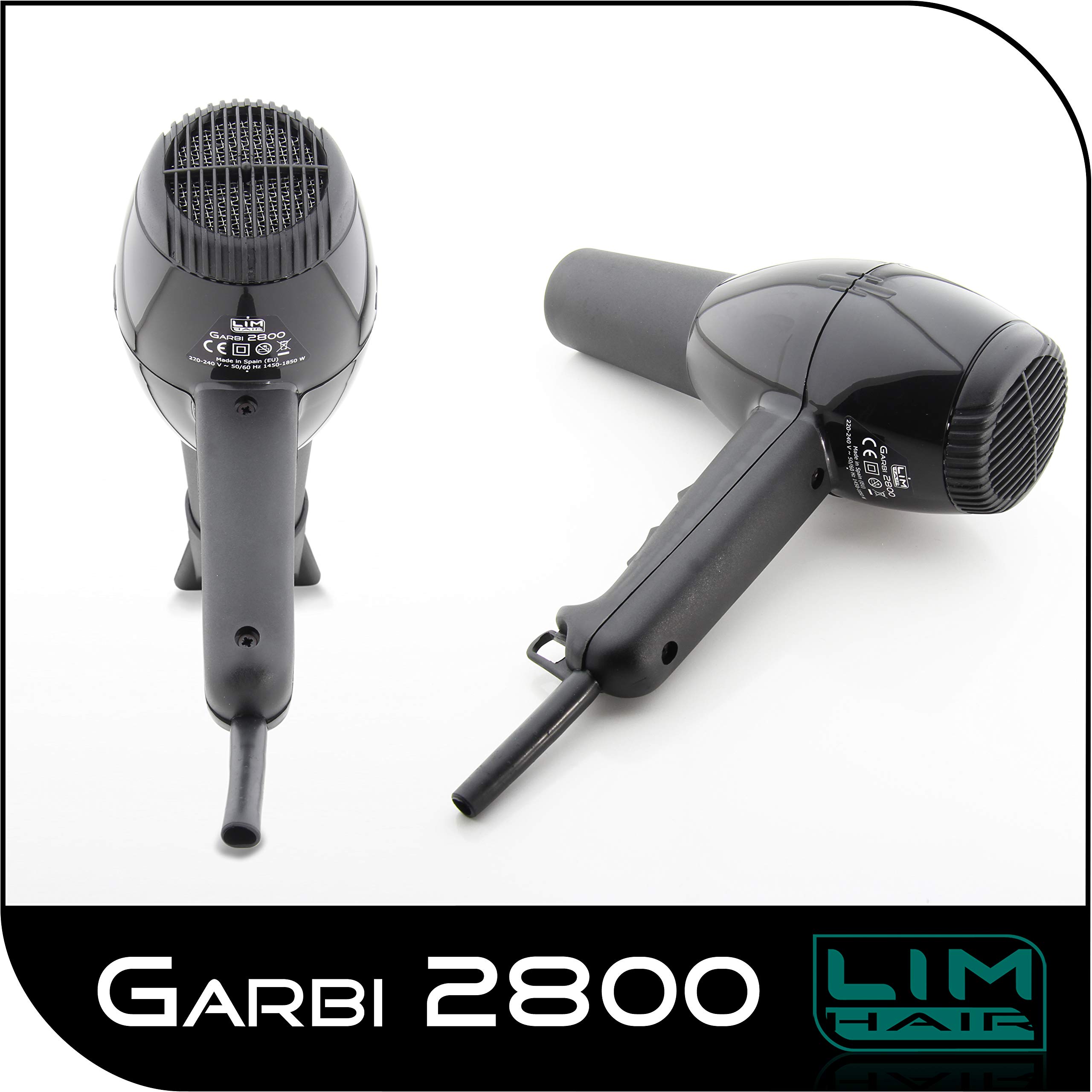 Secador de cabello LIM HAIR GARBI 2800. Made in Spain. 1850 W. Profesional para salón peluquería. Desde 1994 en el mercado, remodelado y adaptado. Mango reducidas dimensiones. (NEGRO)