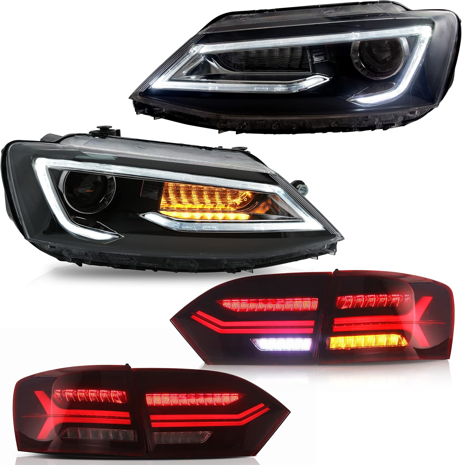 VLAND Headlights Assembly + Red Taillights Fit for Jetta 2012-2014, W/Dual Beam Lens DRL, LED Front & Back lamps with Sequential Indicator Halo, Plug-n-Play