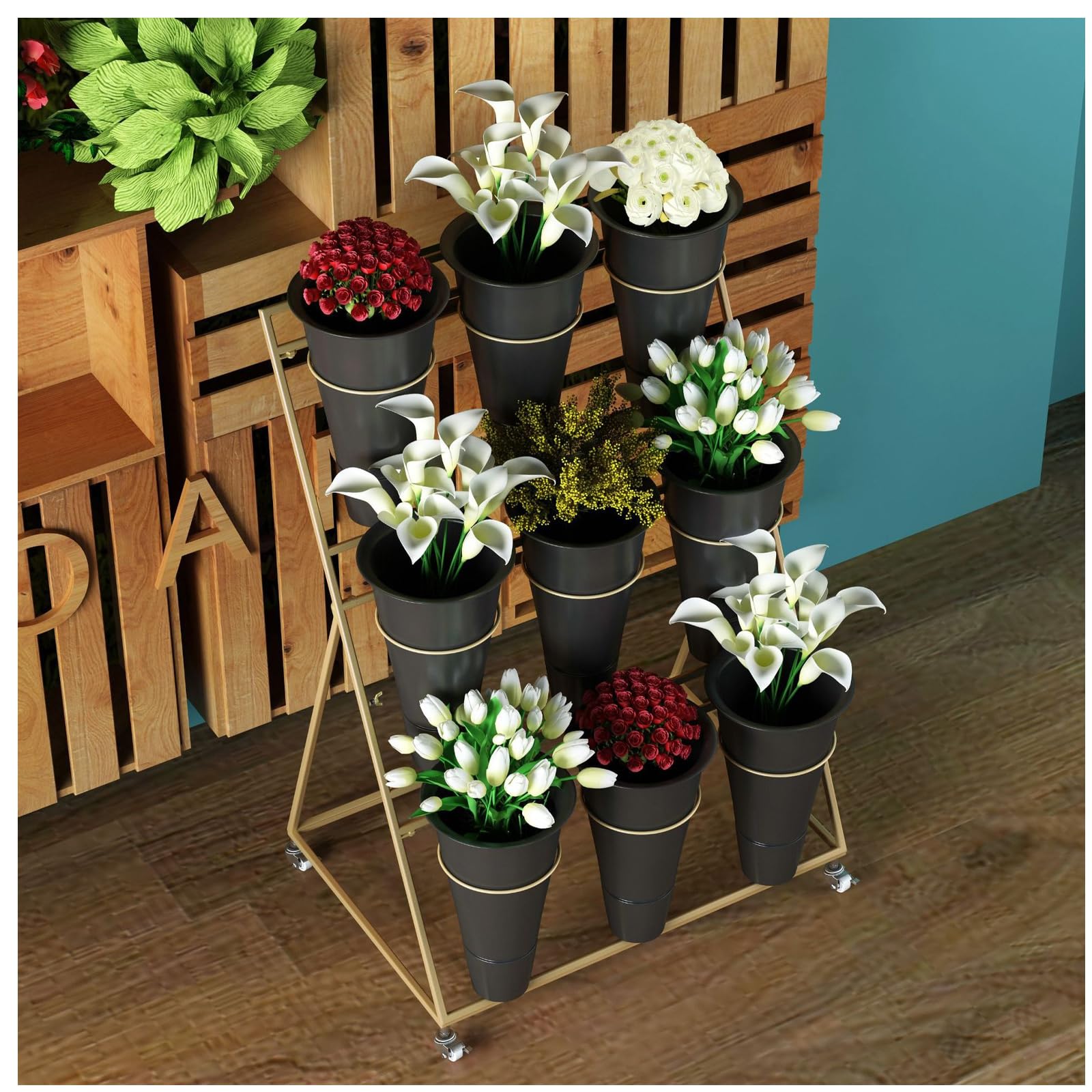 Élégant Support à Plantes d'extérieur en métal sur roulettes, étagère à Fleurs Noire/dorée/Blanche de 100 cm (39,4 po) pour Balcon et Jardin, présentoir à Plantes Polyvalent pour l'intérieur